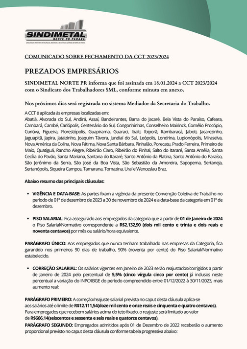 Sindimetal Norte do Paraná COMUNICADO SOBRE FECHAMENTO DA CCT 2023