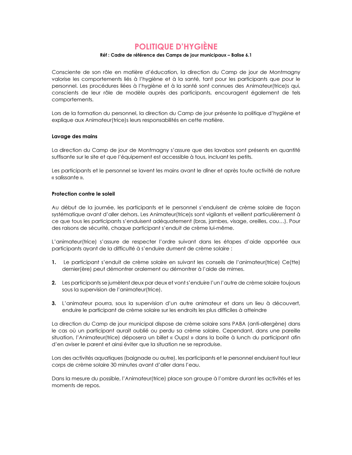 Communications Montmagny Politique d hygiène Camp de jour Page 1