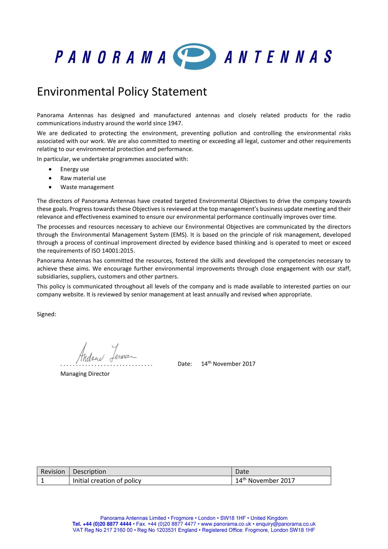 Panorama Antennas Ltd Panorama Antennas Environmental Policy