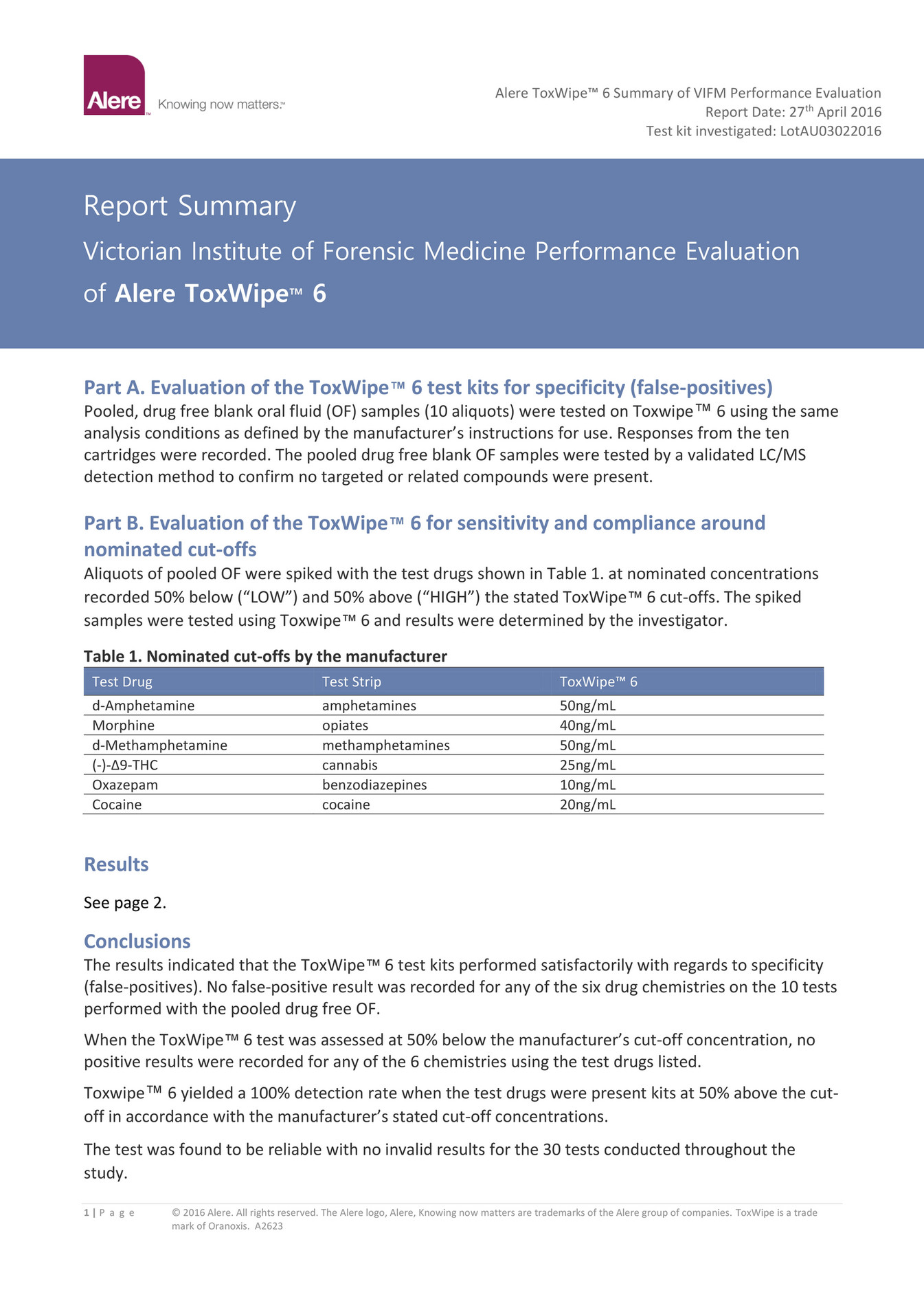 Andatech Alere Toxwipe Saliva Drug Testing Kit Report Summary Page