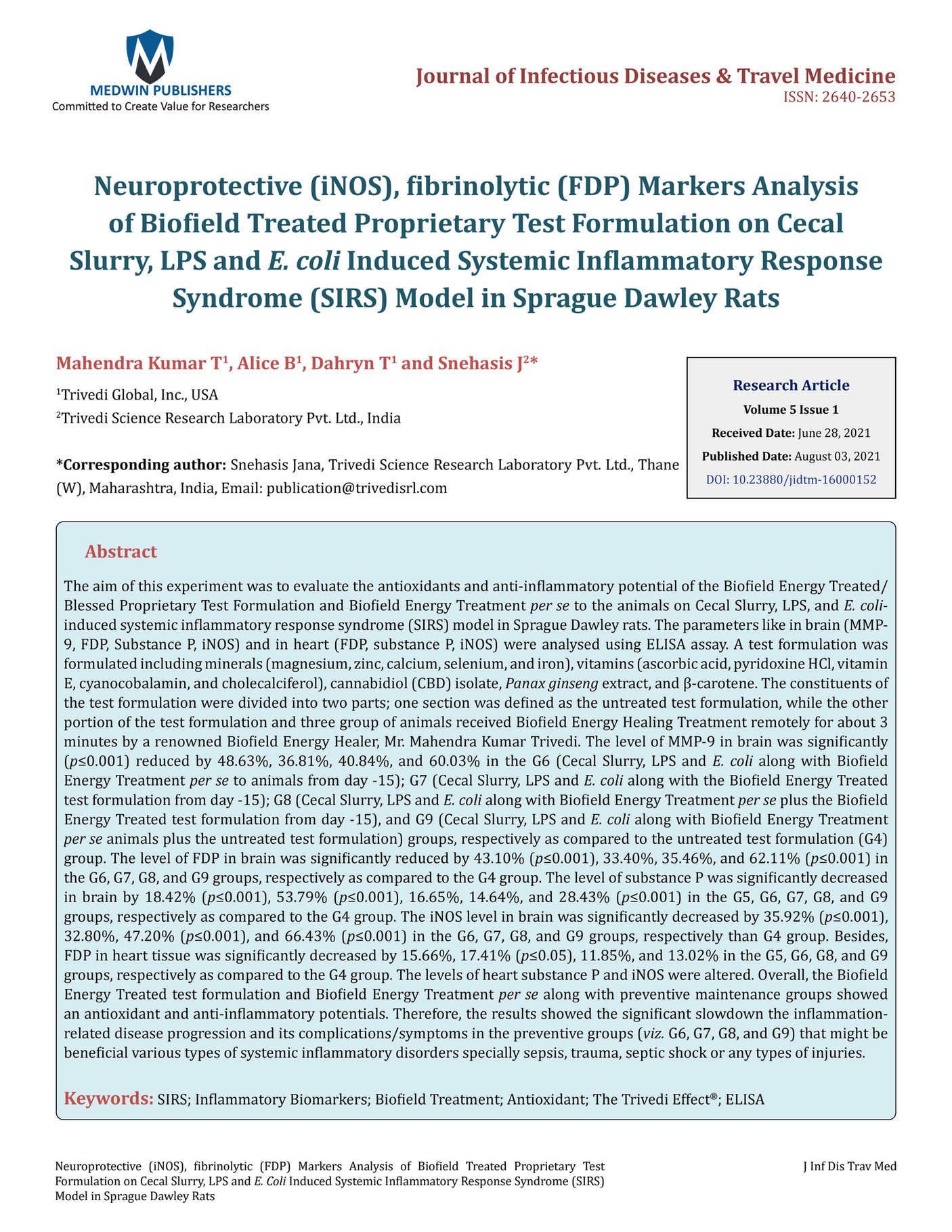 Neuroprotective INOS Fibrinolytic FDP Markers Analysis Of Biofield