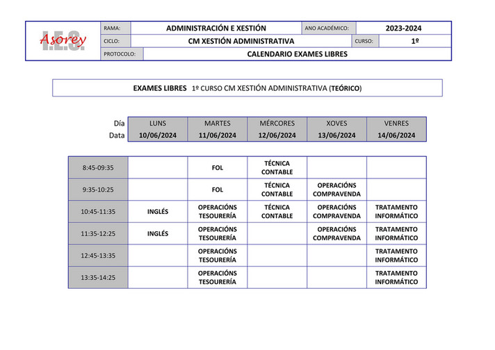 IES FRANCISCO ASOREY CALENDARIO EXAMENES ADMINISTRATIVO LIBRES