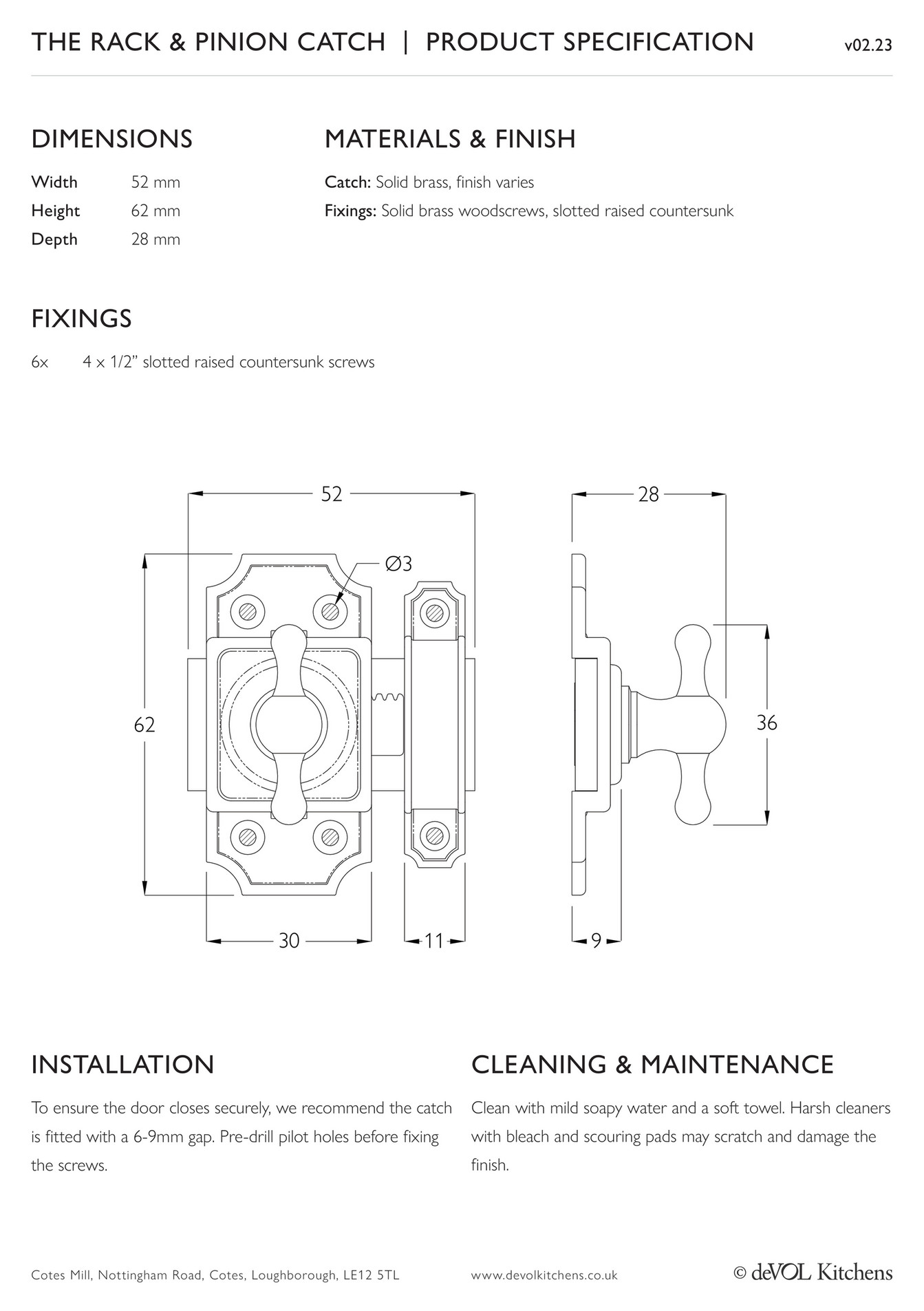 Devol Kitchens The Rack Pinion Catch Product Specification Page