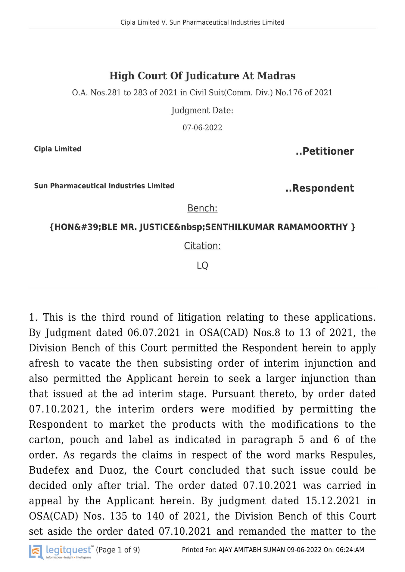 AJAY AMITABH SUMAN Cipla Limited Vs Sun Pharmaceutical Industries