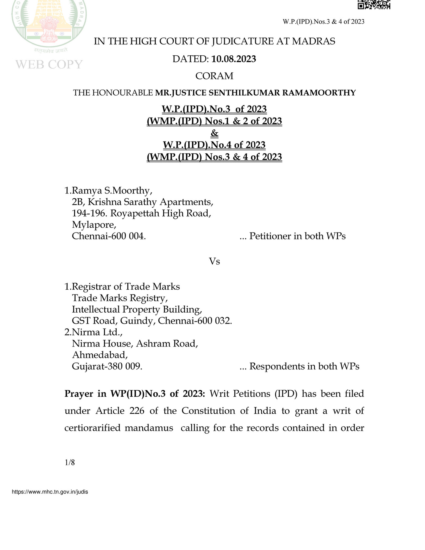 Ajay Amitabh Suman Ramya S Moorthy Vs Registrar Of Trademarks Page