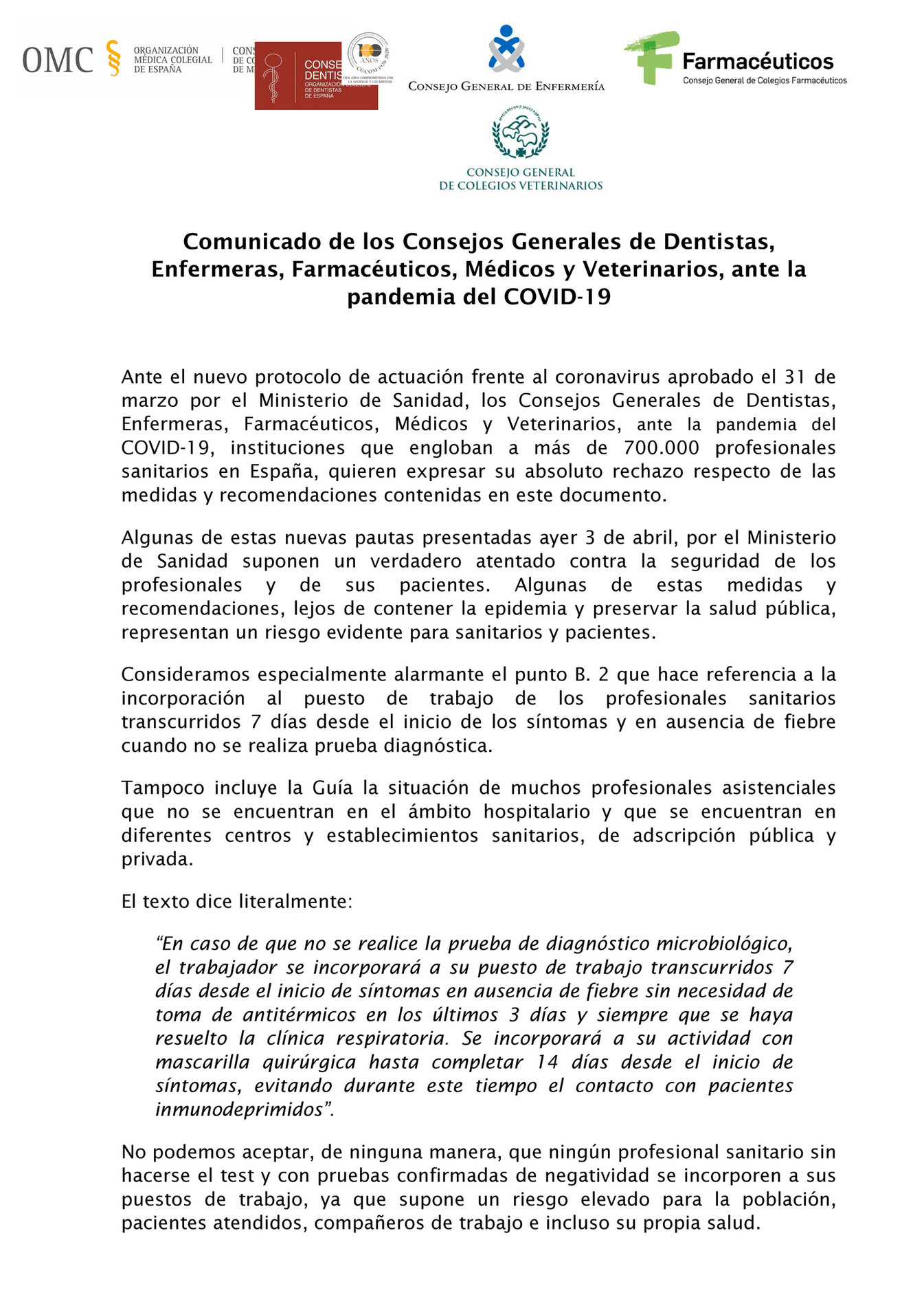 Cr Comunicaci N Comunicado Conjunto Profesiones Sanitarias Covid P Gina