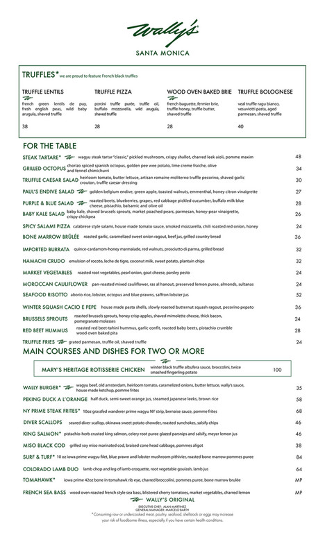 Wally S Wine And Spirits Wally S Santa Monica Dinner Menu Page 1