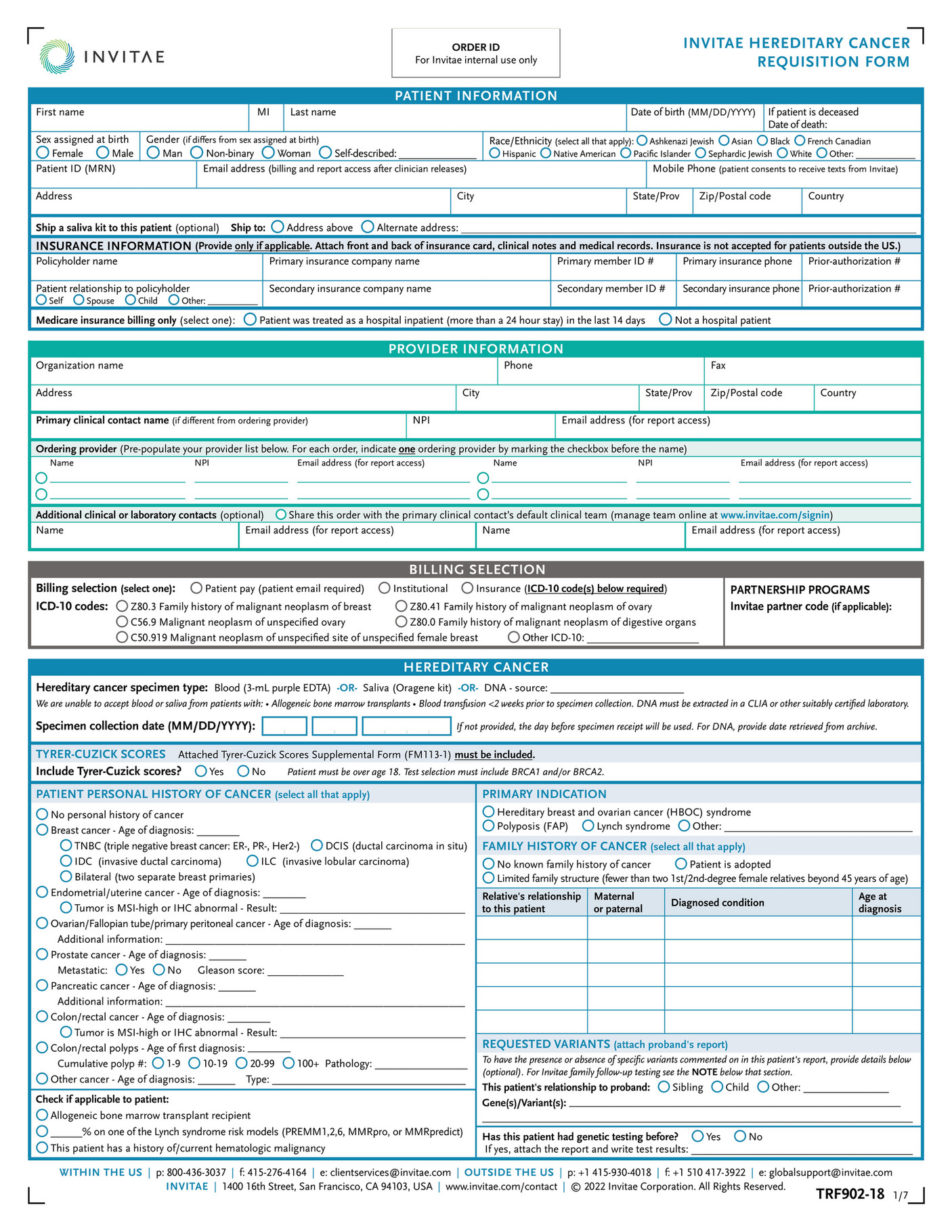 Invitae Trf Invitae Hereditary Cancer Requisition Form Page