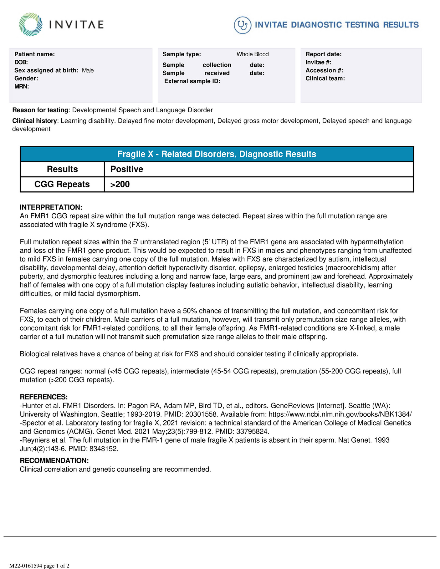 Invitae Sample Report Fmr Positive Male Full Mutation Page