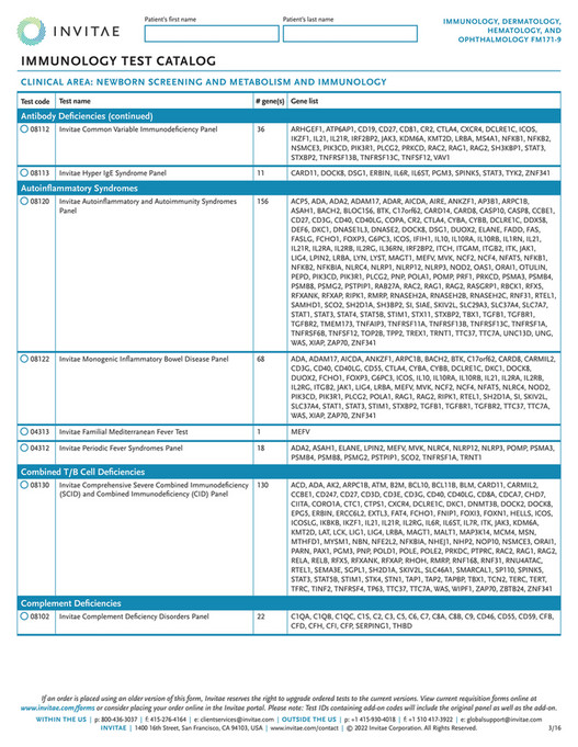 Invitae TRF917 XUS Invitae Immuno Derm Hema Ophth Requisition Form