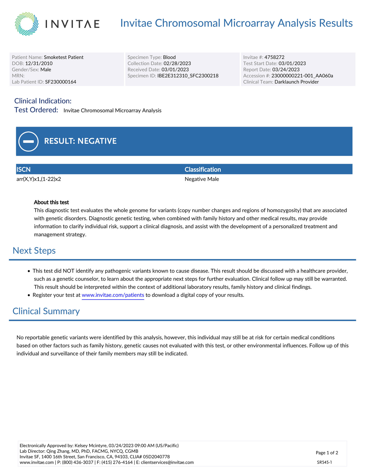 Invitae Sr Cma Negative Sample Report Page