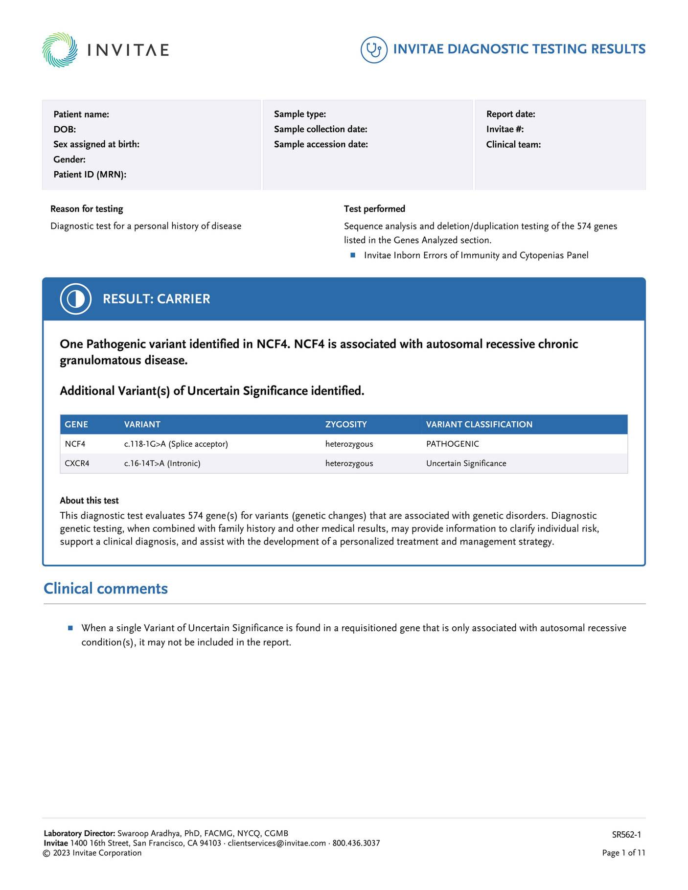 Invitae Sr Inborn Errors Of Immunity And Cytopenia Panel Vus