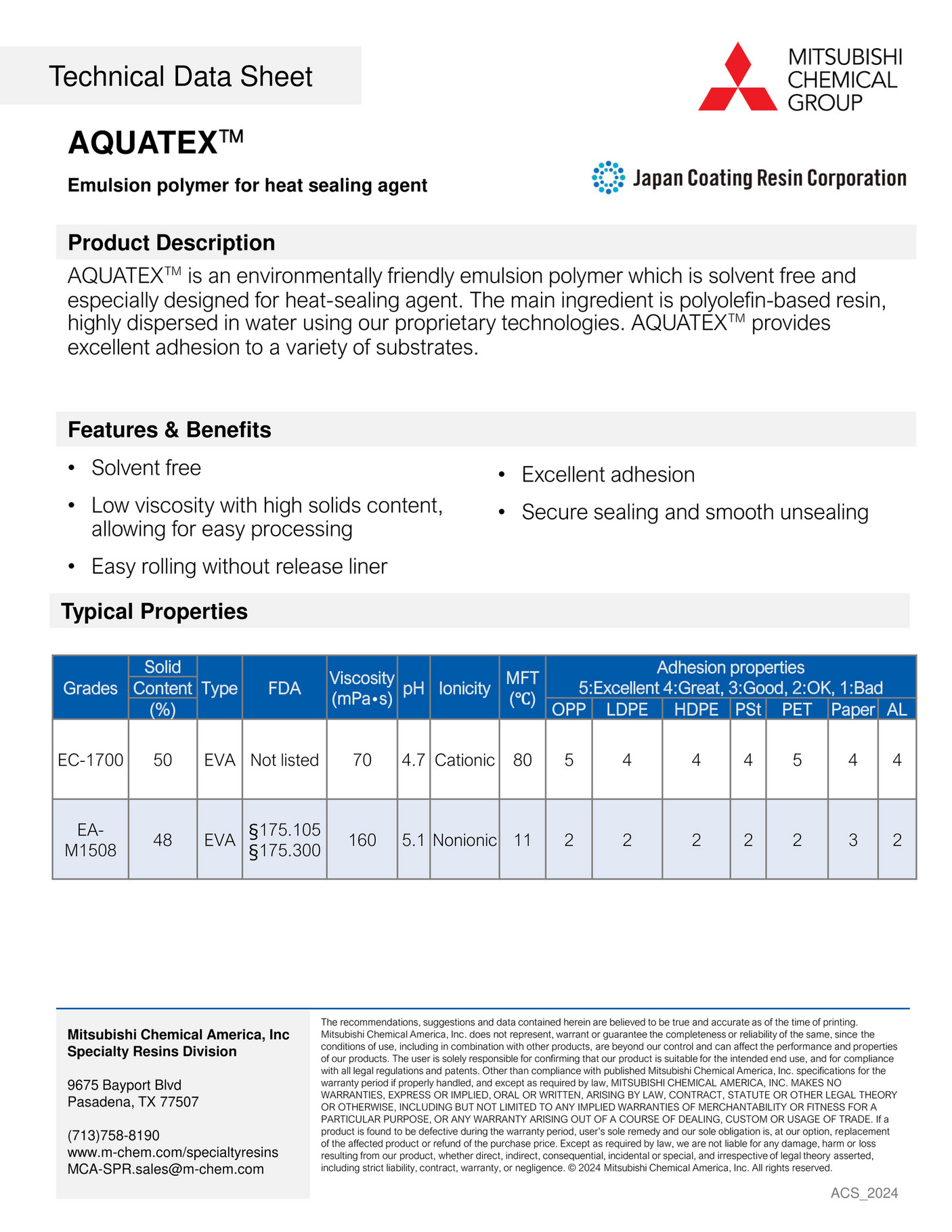 Mitsubishi Chemical America Emulsion Polymers Aquatex Tds Page