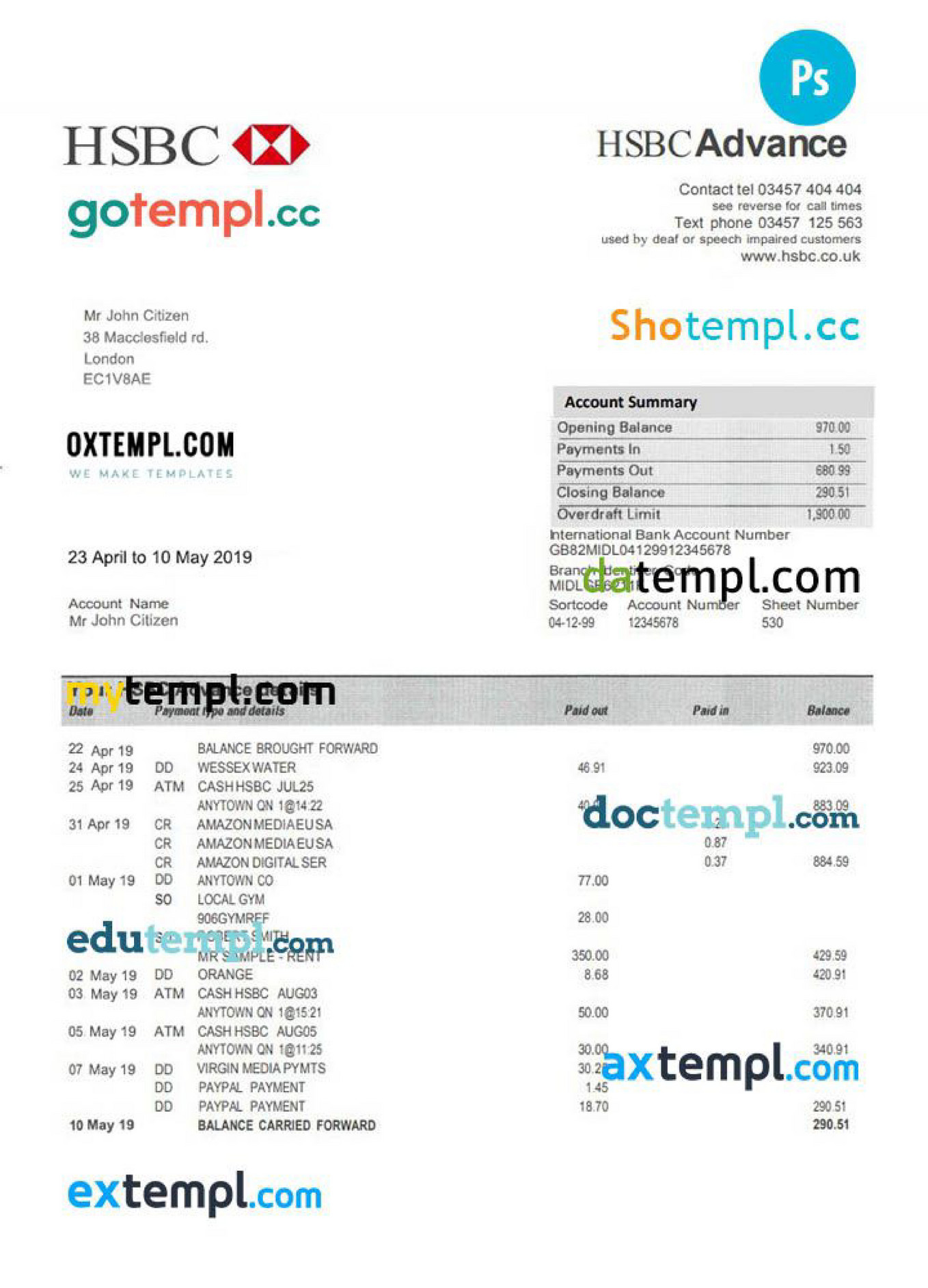 Doctempl United Kingdom HSBC Bank Proof Of Address Statement Template