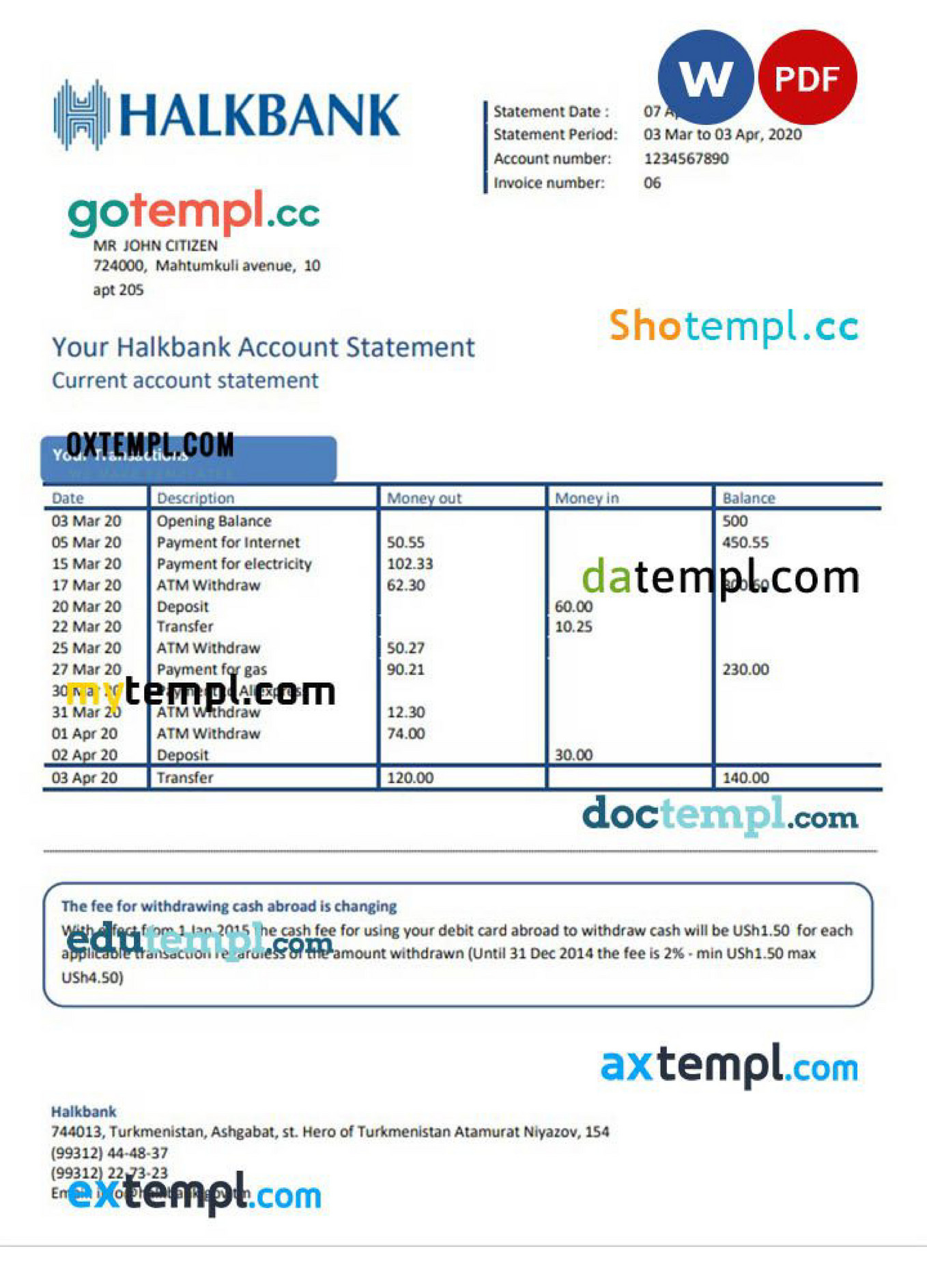 Doctempl Turkmenistan Halkbank Proof Of Address Banking Statement