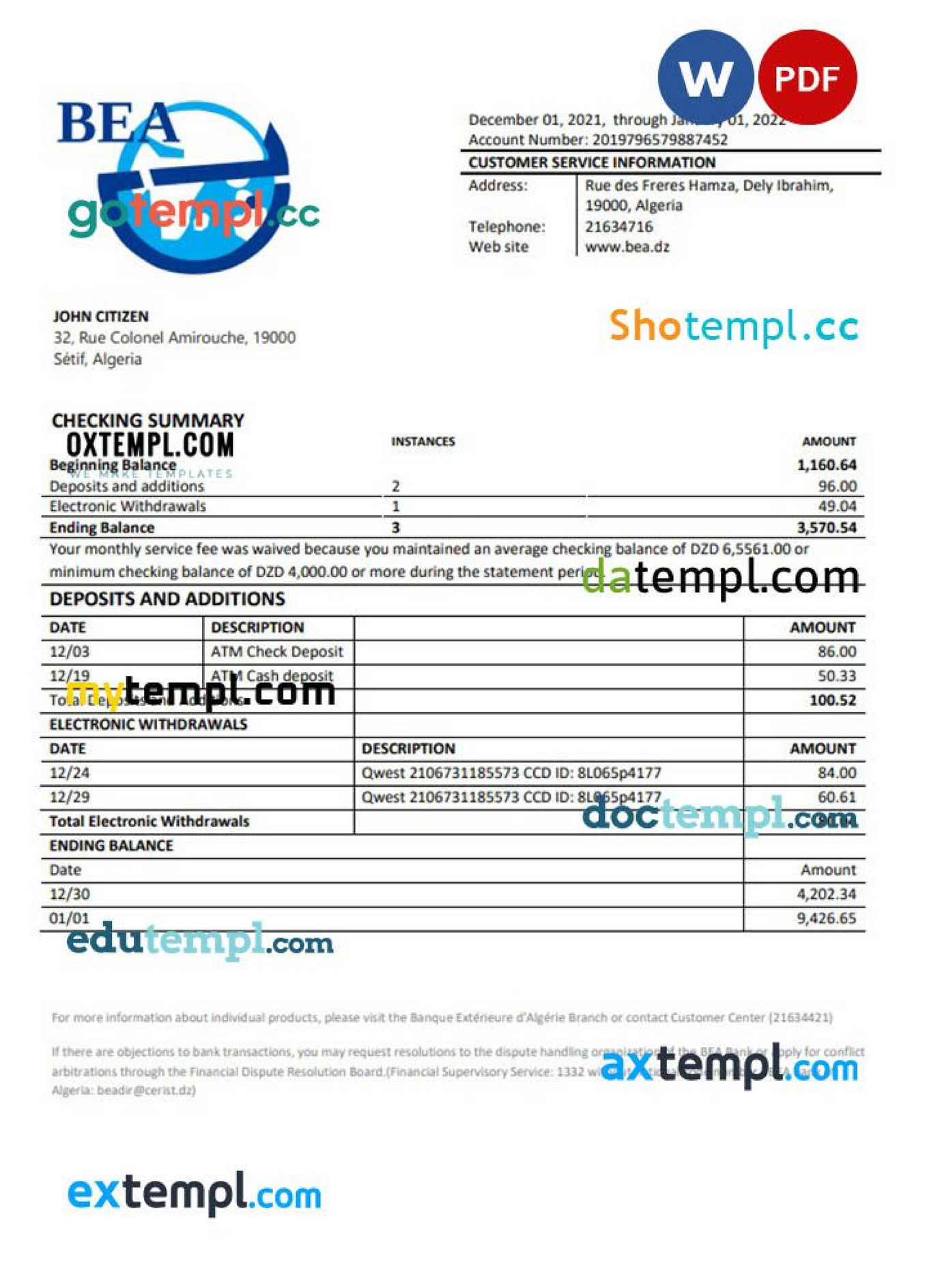 Doctempl Algeria Banque Ext Rieure D Alg Rie Bank Statement Template