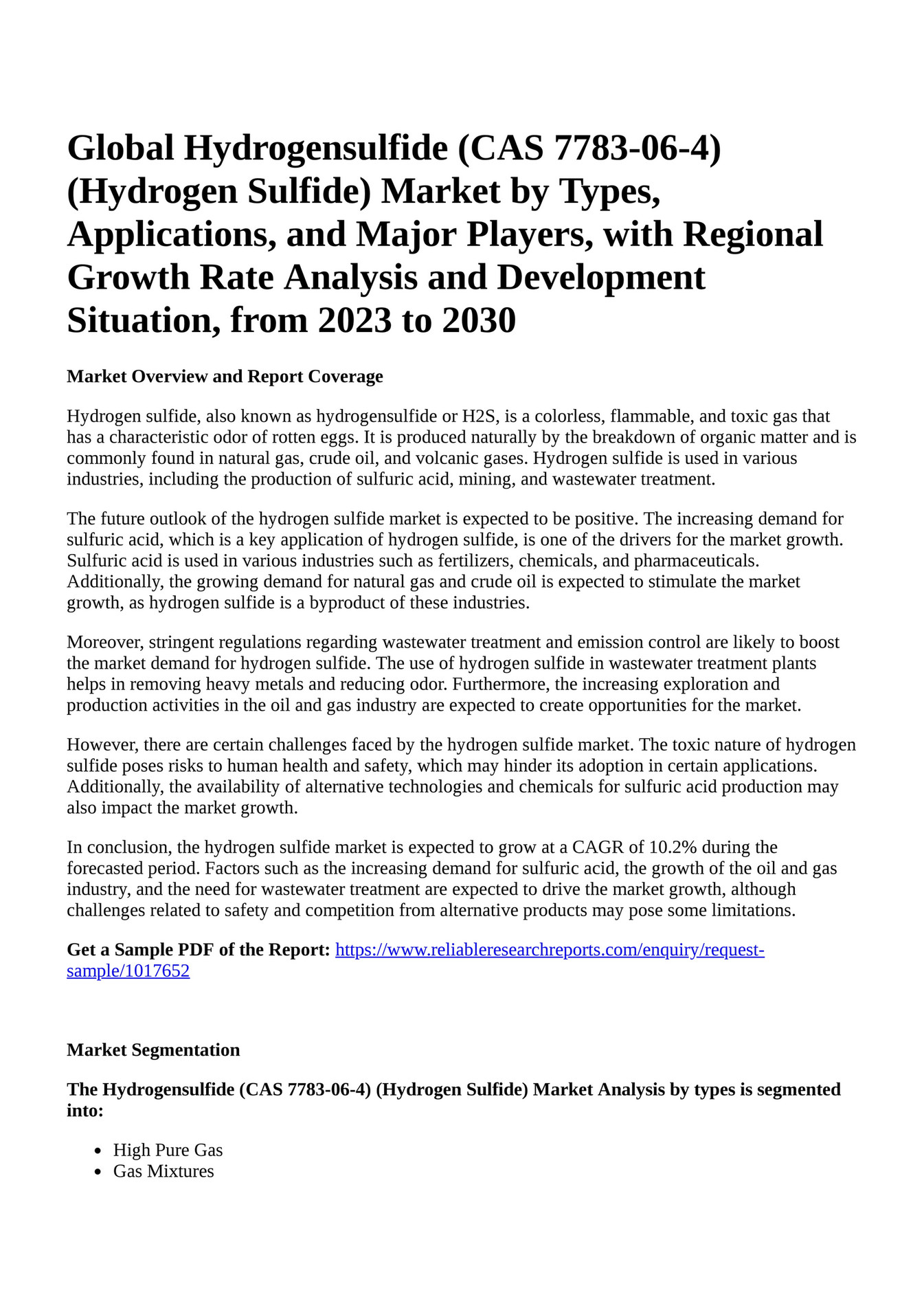 Reportprime Global Hydrogensulfide Cas Hydrogen Sulfide