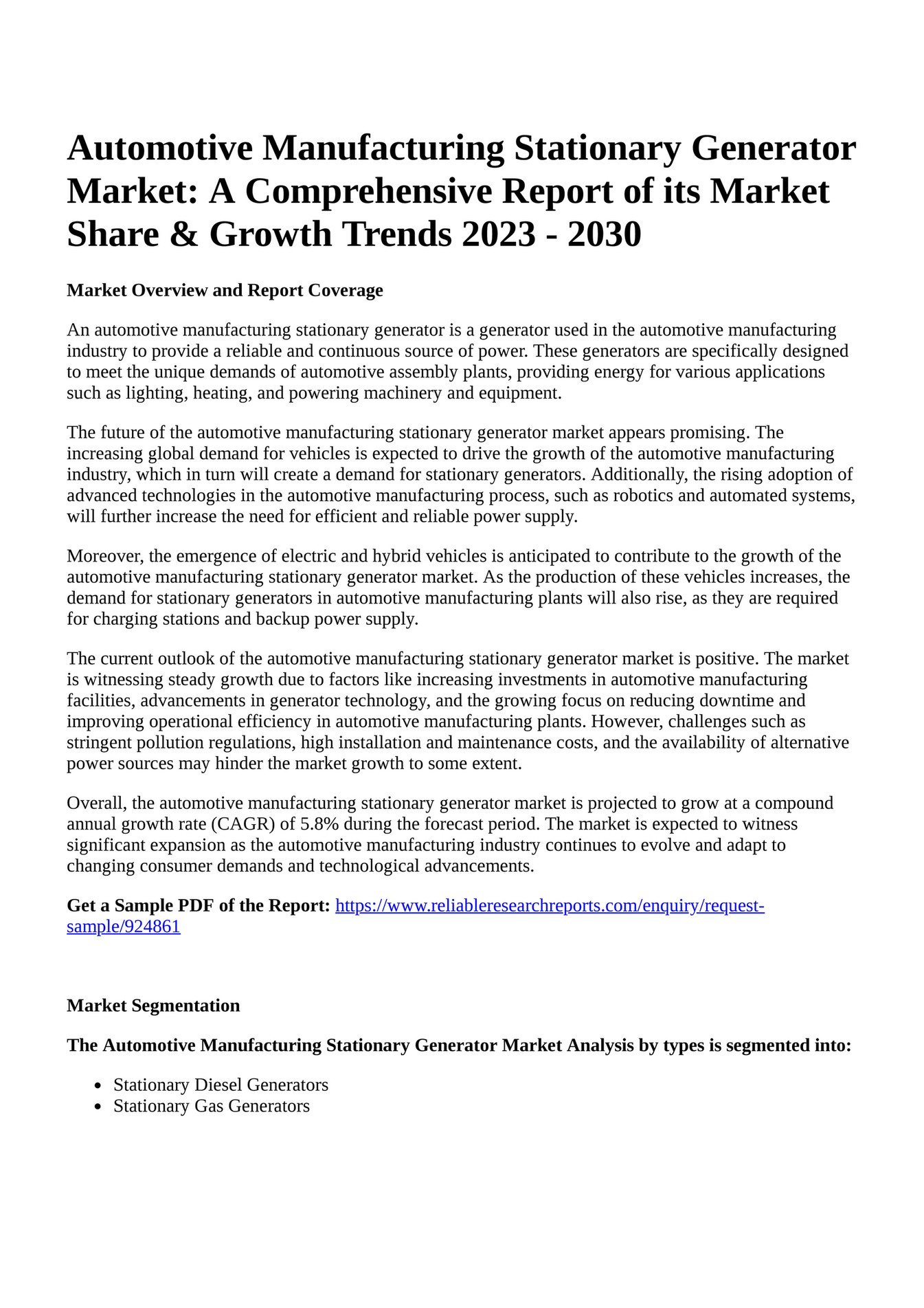 Reportprime Automotive Manufacturing Stationary Generator Market A