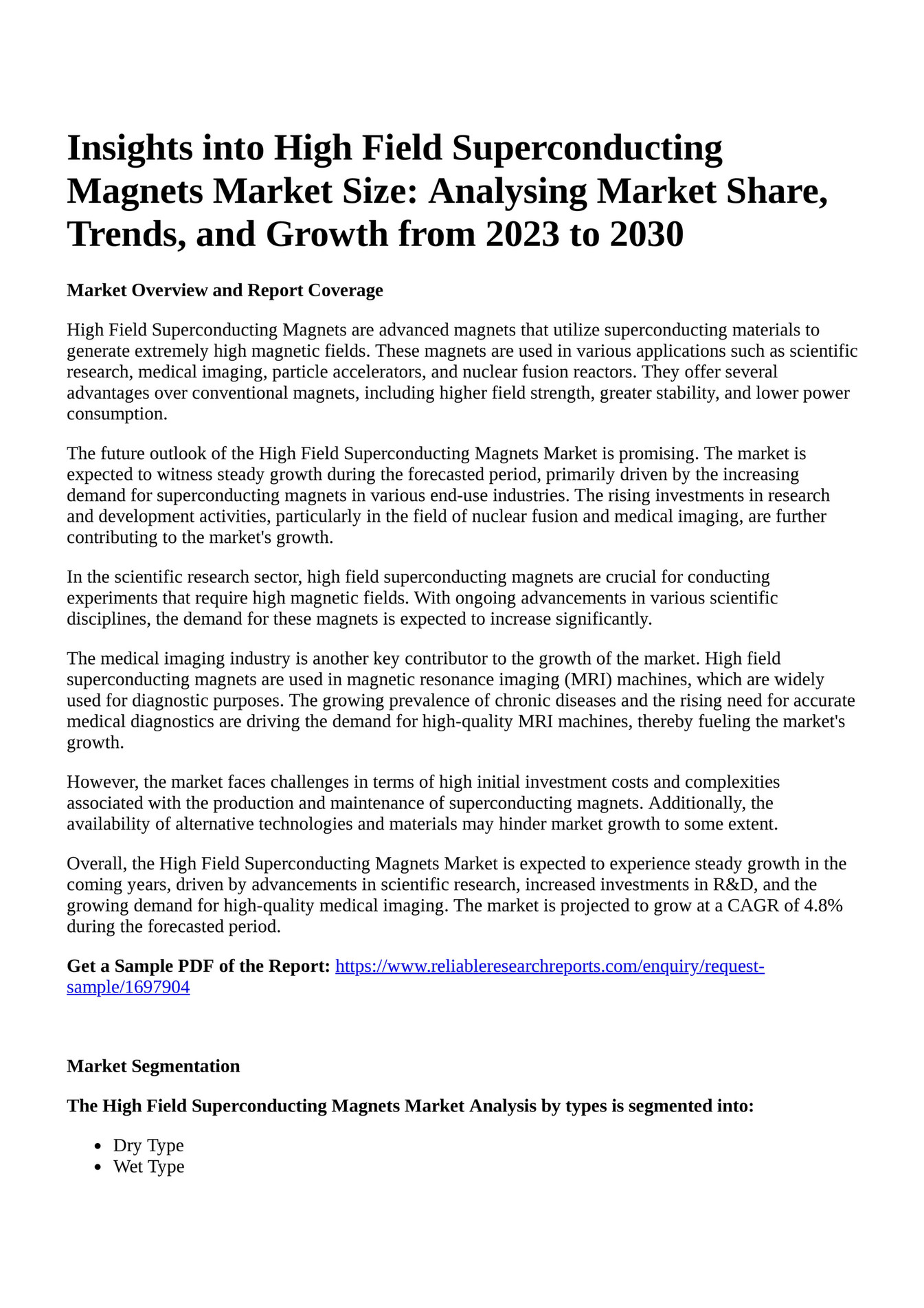 Reportprime Insights Into High Field Superconducting Magnets Market