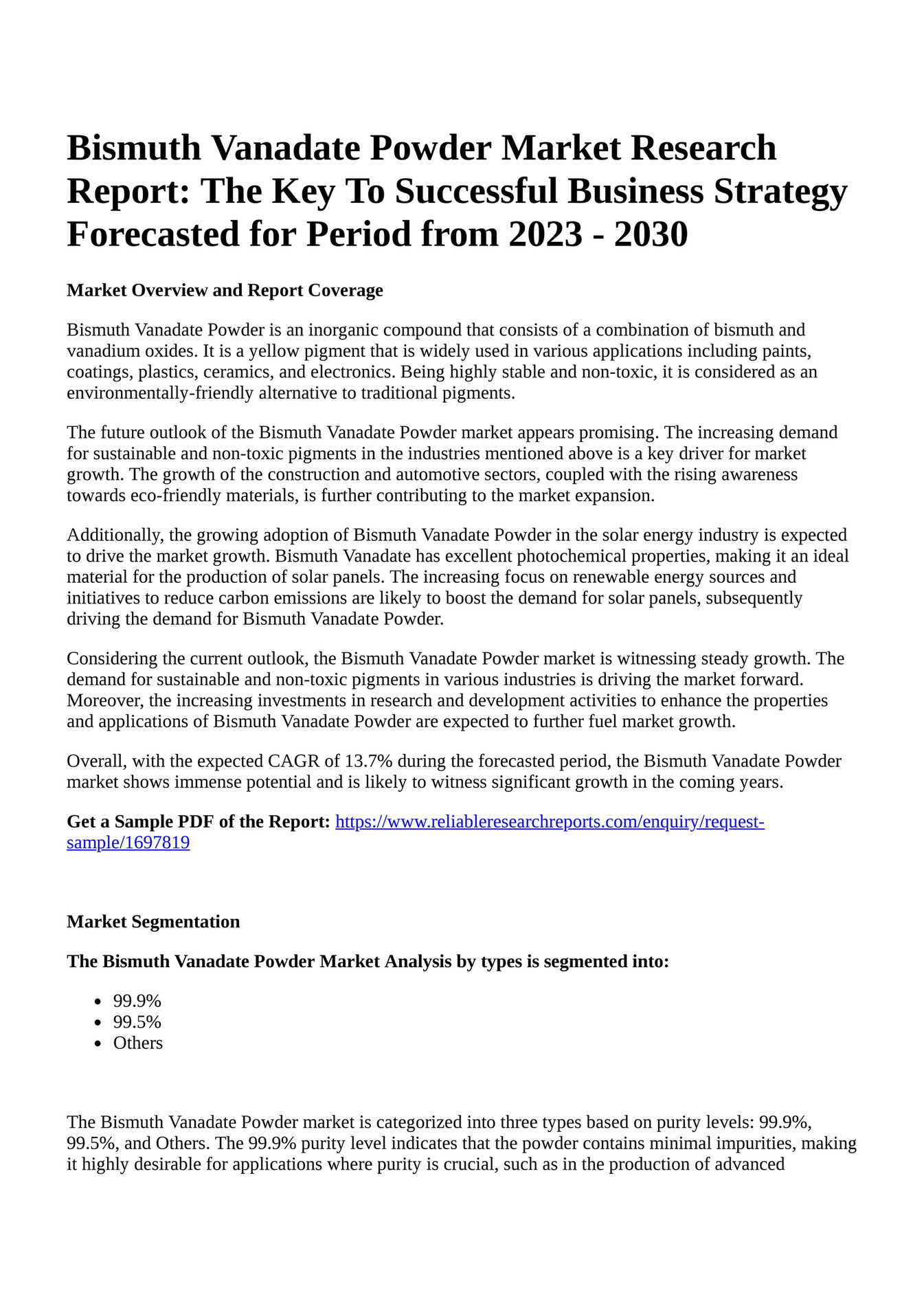 Reportprime Bismuth Vanadate Powder Market Research Report The Key