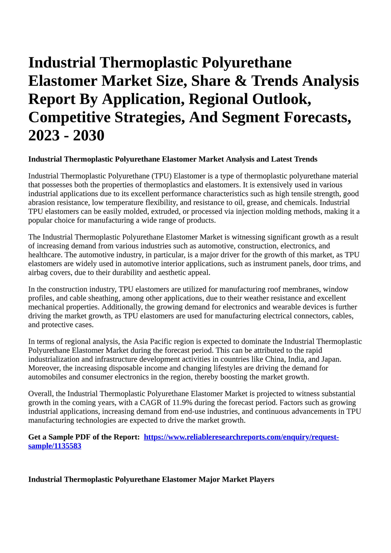 Reportprime Industrial Thermoplastic Polyurethane Elastomer Market