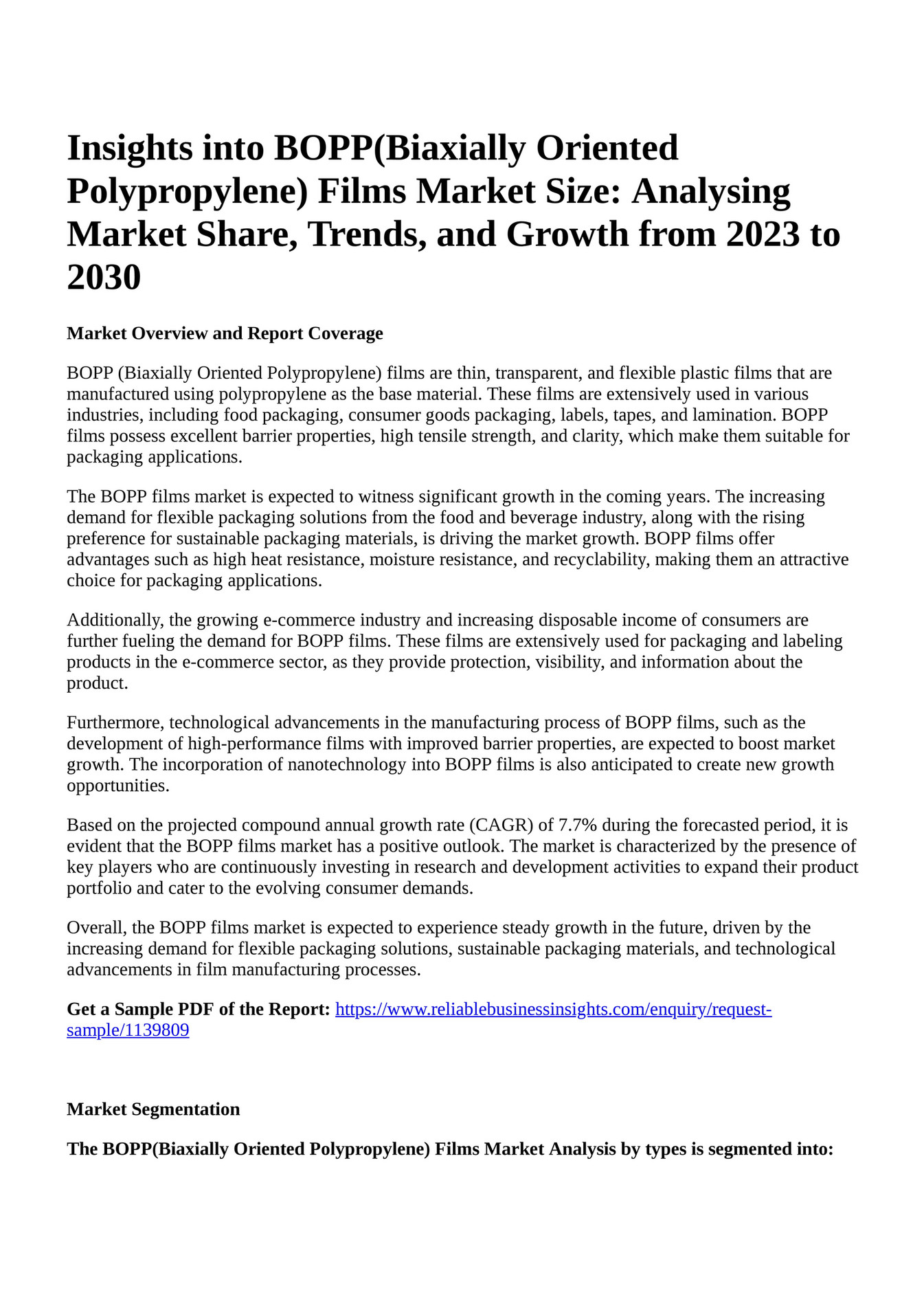 Reportprime Insights Into BOPP Biaxially Oriented Polypropylene