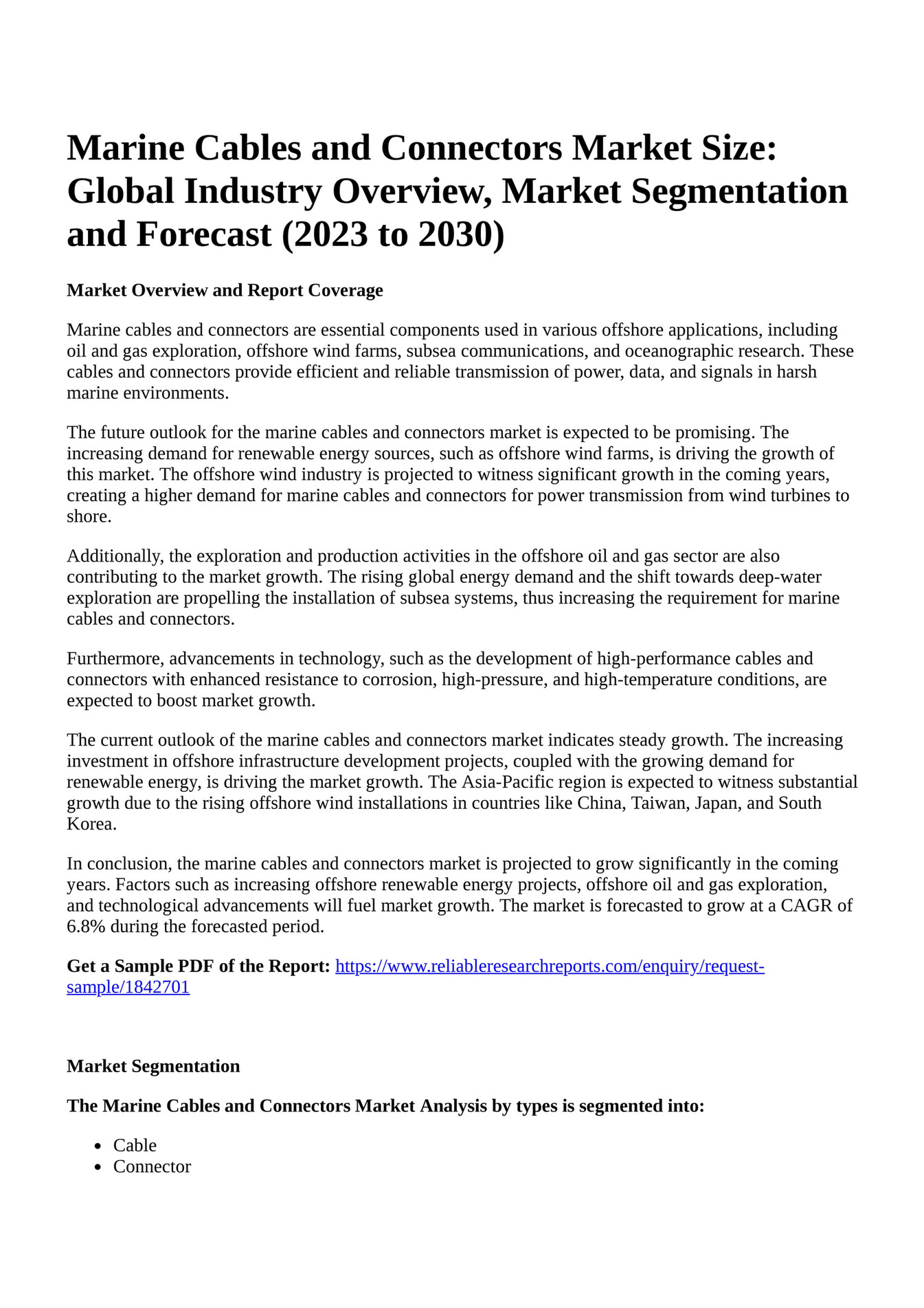 Reportprime Marine Cables And Connectors Market Size Global Industry