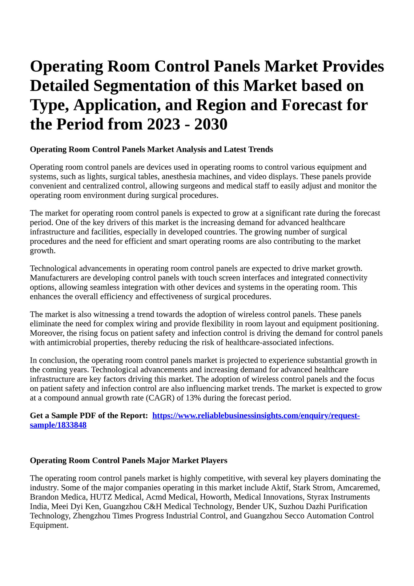 Reportprime Operating Room Control Panels Market Provides Detailed