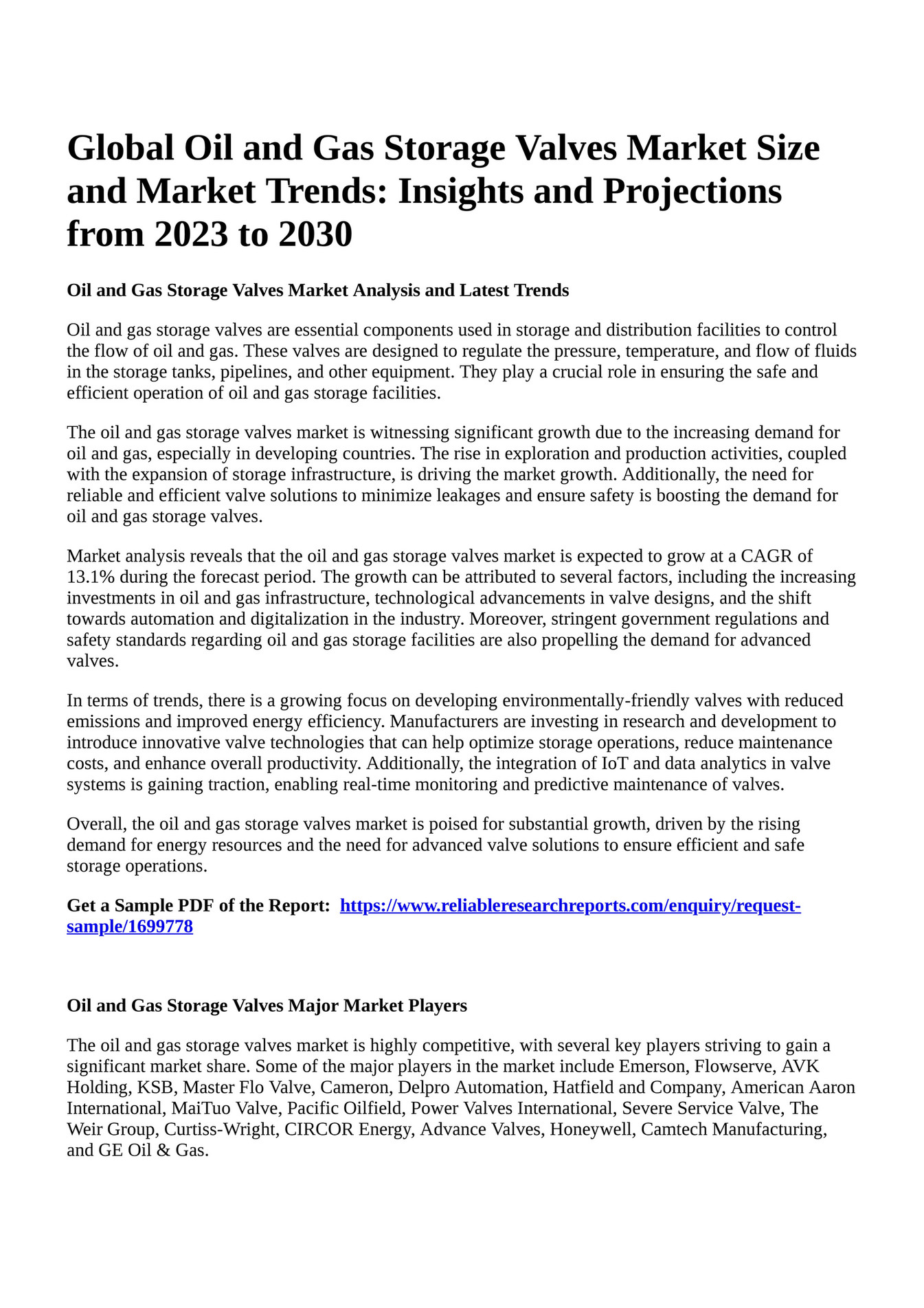 Reportprime Global Oil And Gas Storage Valves Market Size And Market