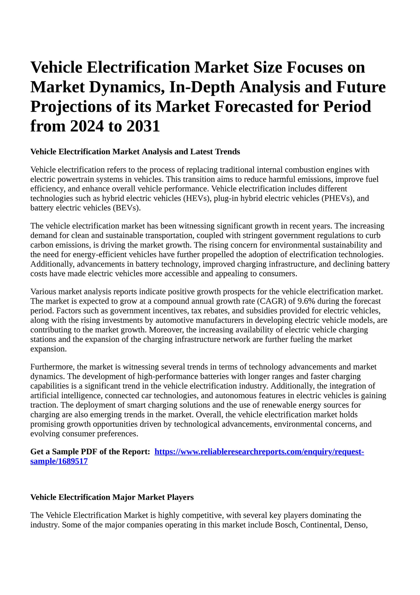 Reportprime Vehicle Electrification Market Size Focuses On Market