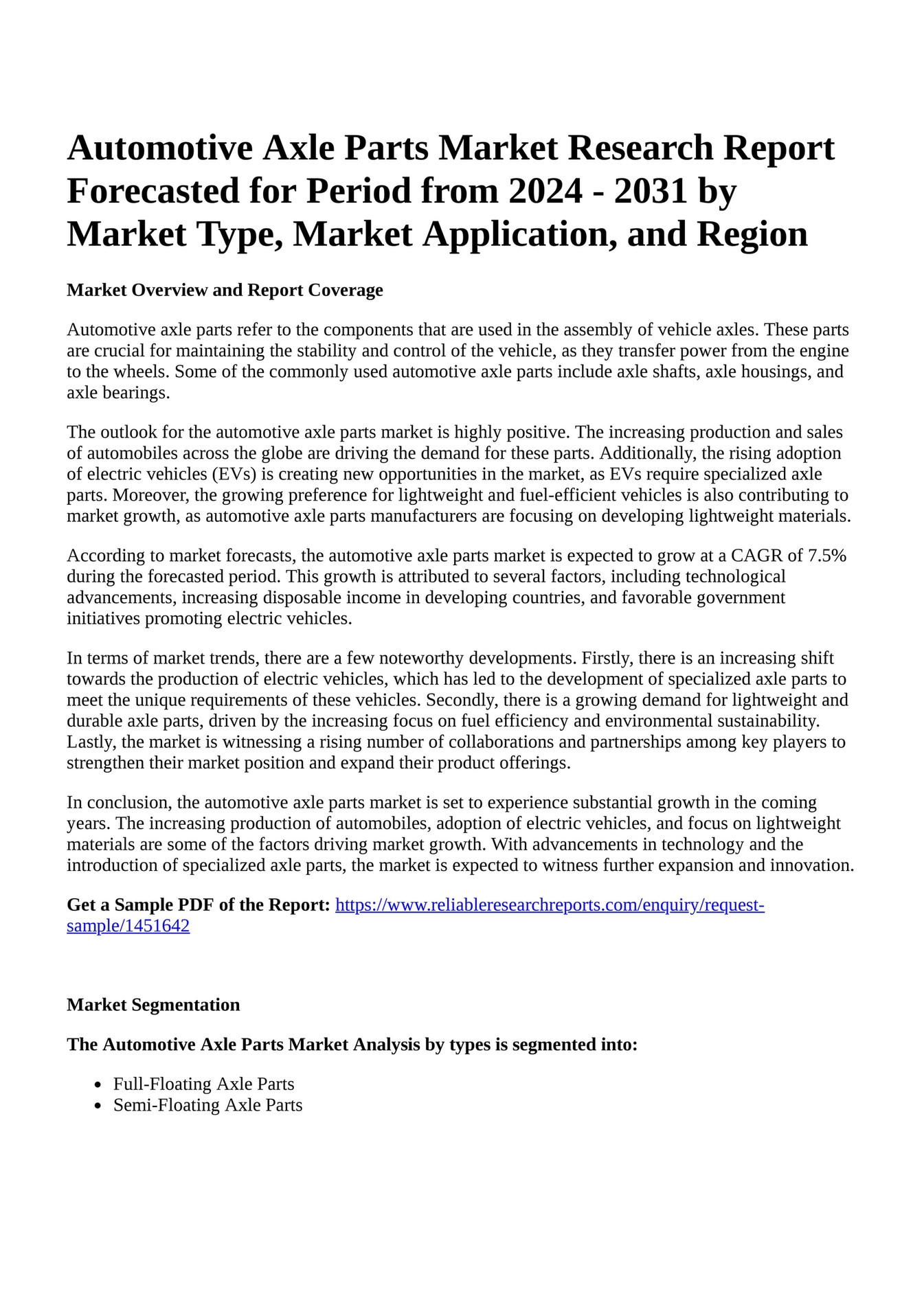 Reportprime Automotive Axle Parts Market Research Report Forecasted