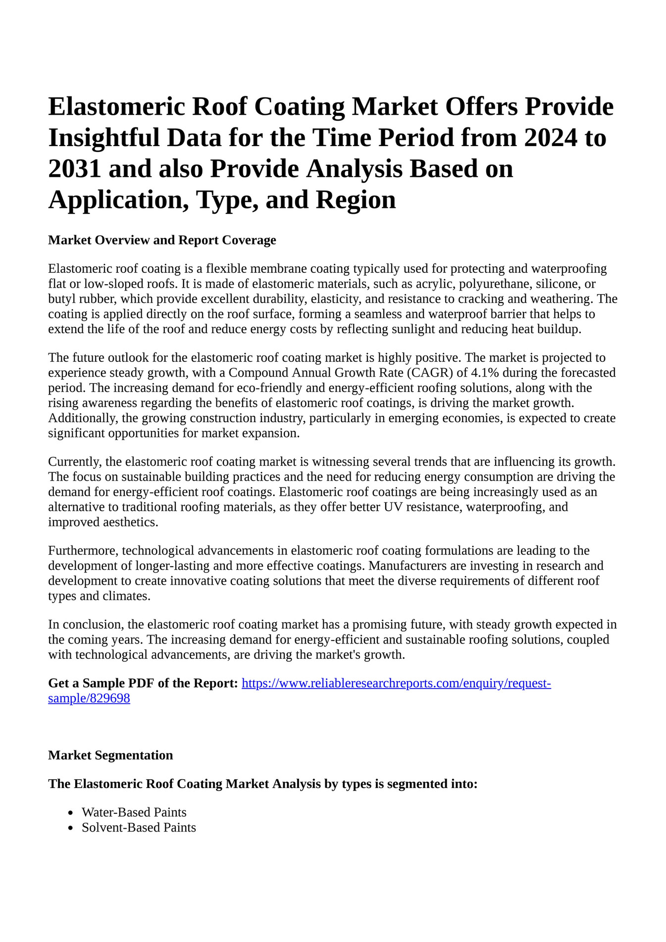 Reportprime Elastomeric Roof Coating Market Offers Provide Insightful