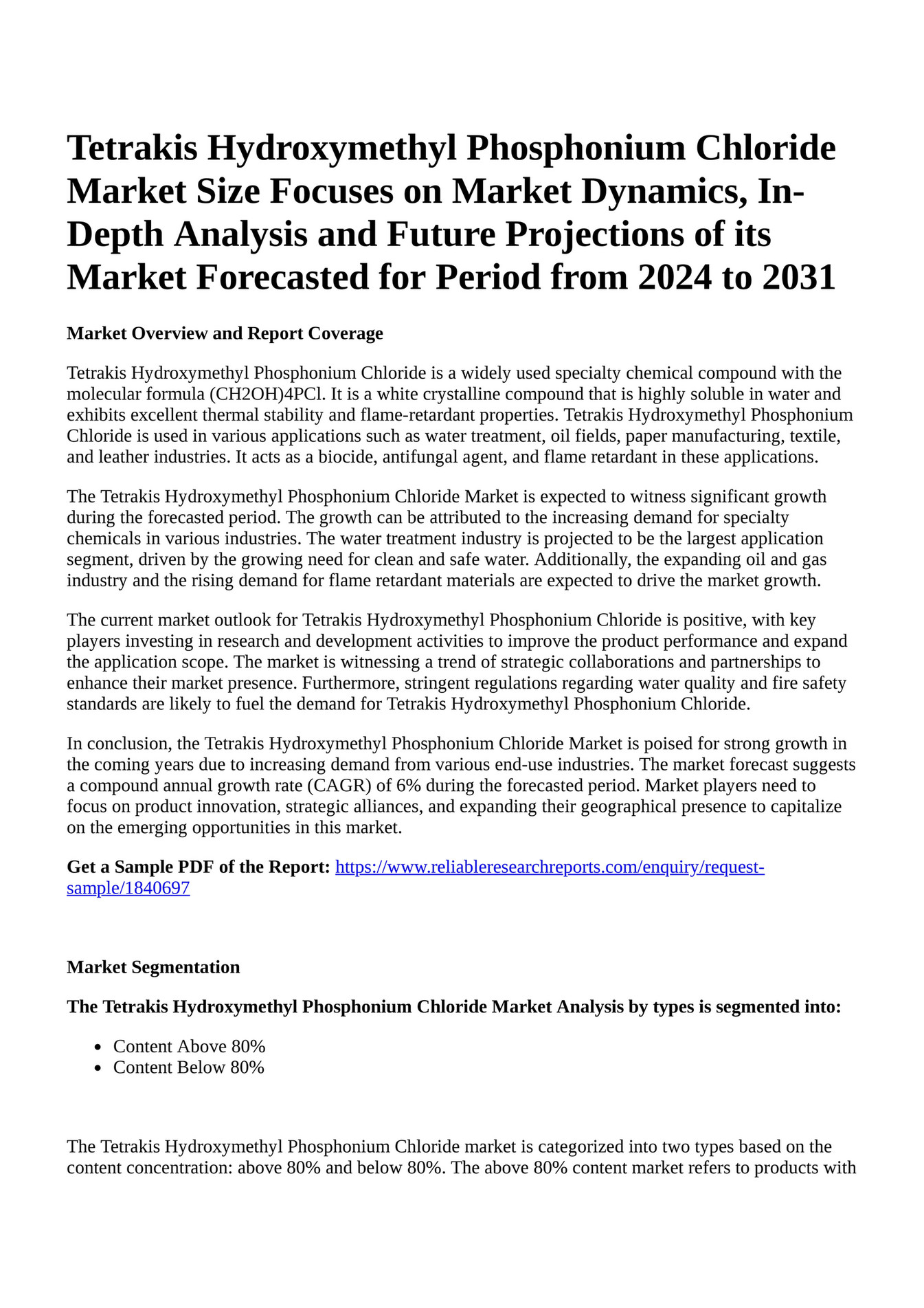 Reportprime Tetrakis Hydroxymethyl Phosphonium Chloride Market Size