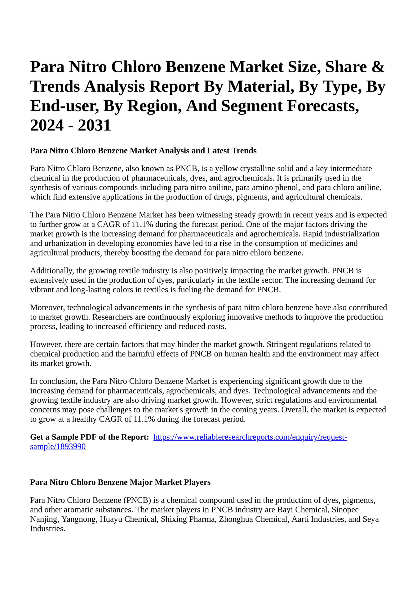 Reportprime Para Nitro Chloro Benzene Market Size Share Trends