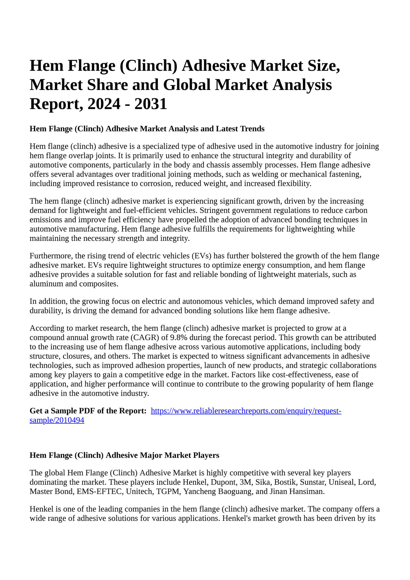 Reportprime Hem Flange Clinch Adhesive Market Size Market Share