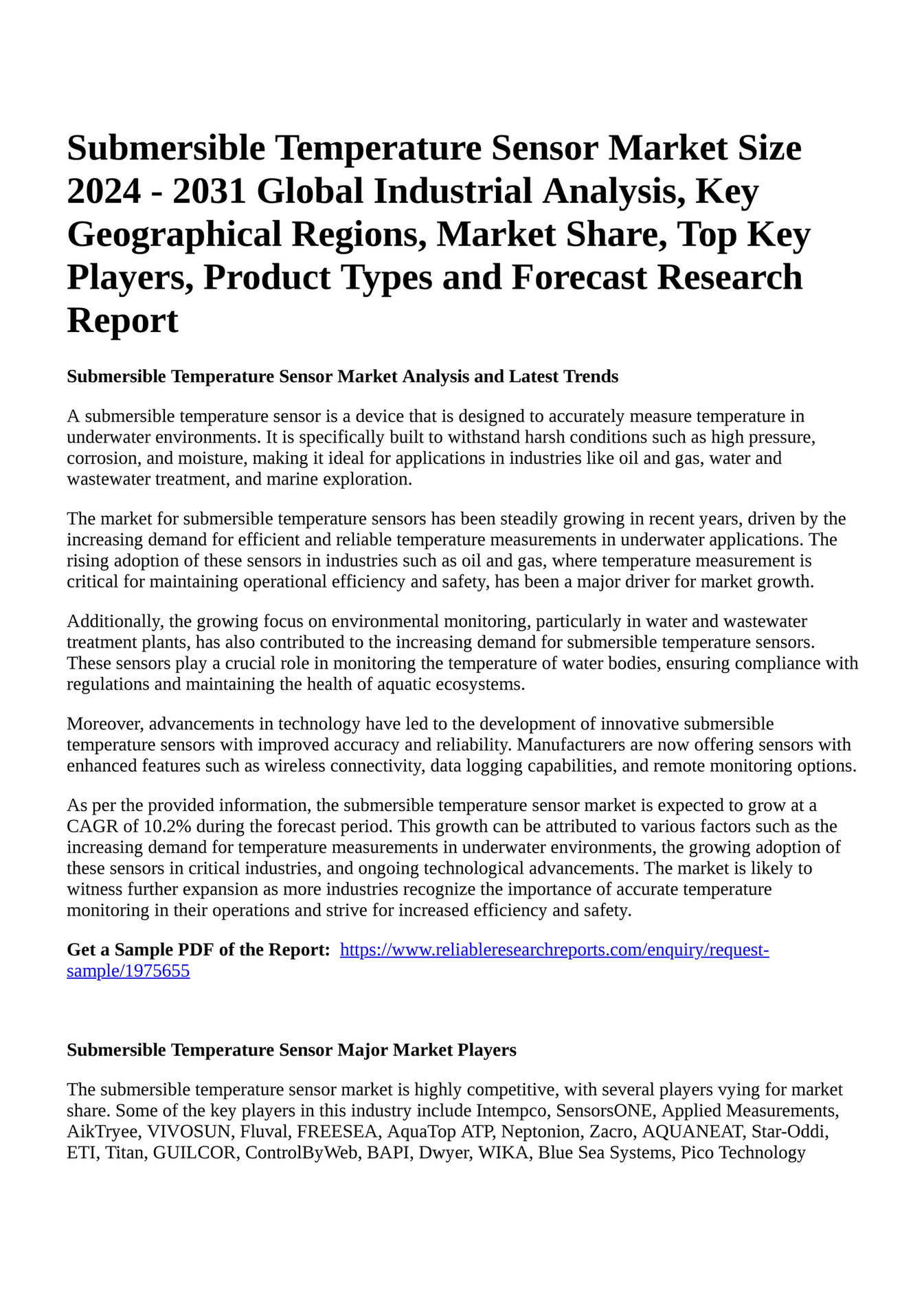 Reportprime Submersible Temperature Sensor Market Size