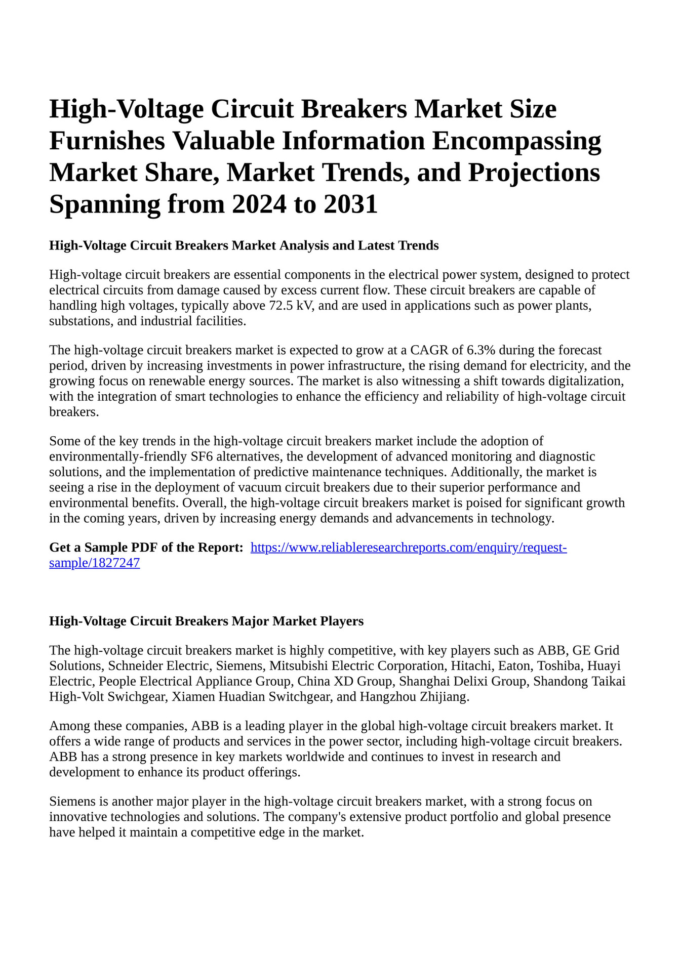 Reportprime High Voltage Circuit Breakers Market Size Furnishes