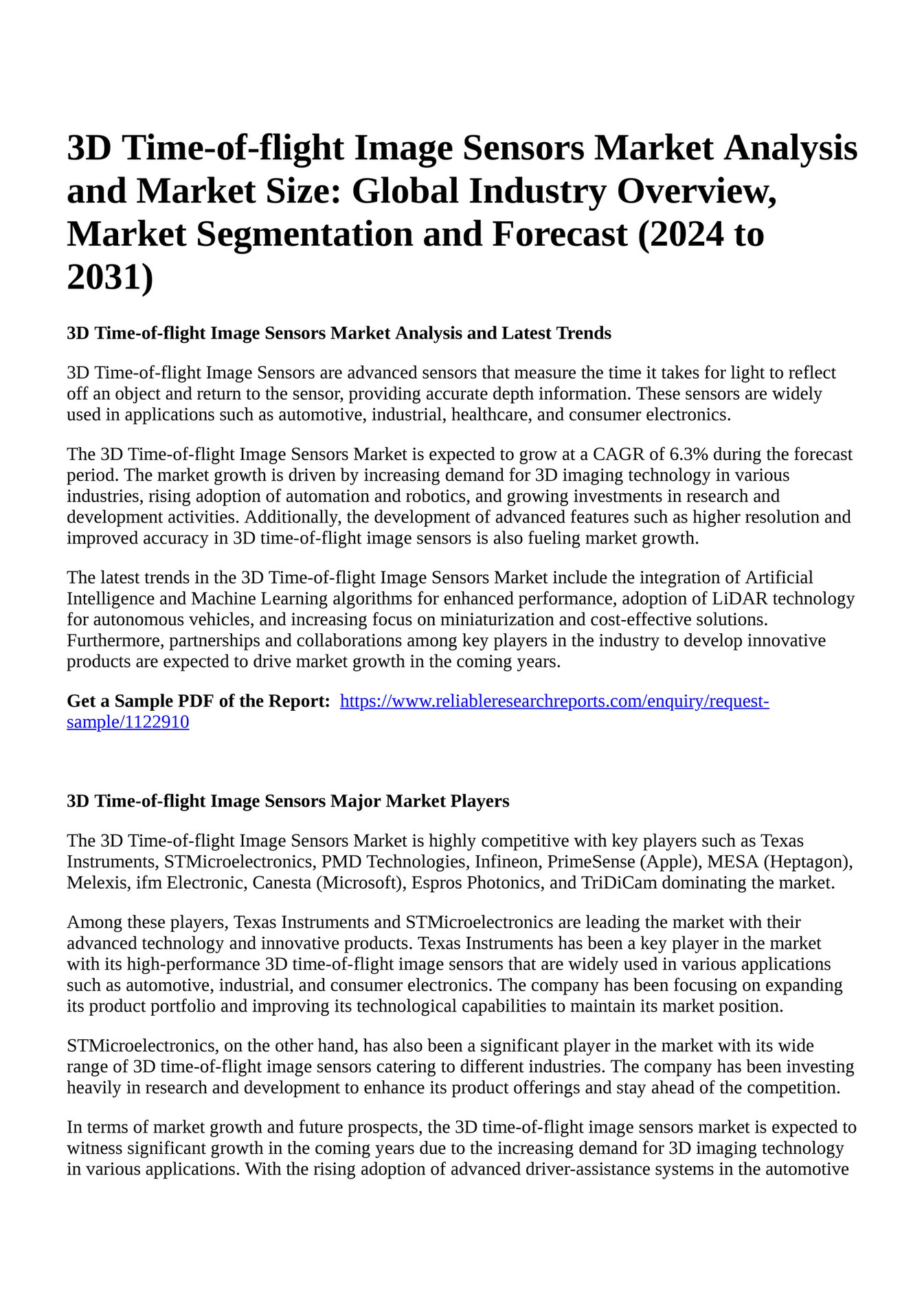 Reportprime 3D Time Of Flight Image Sensors Market Analysis And