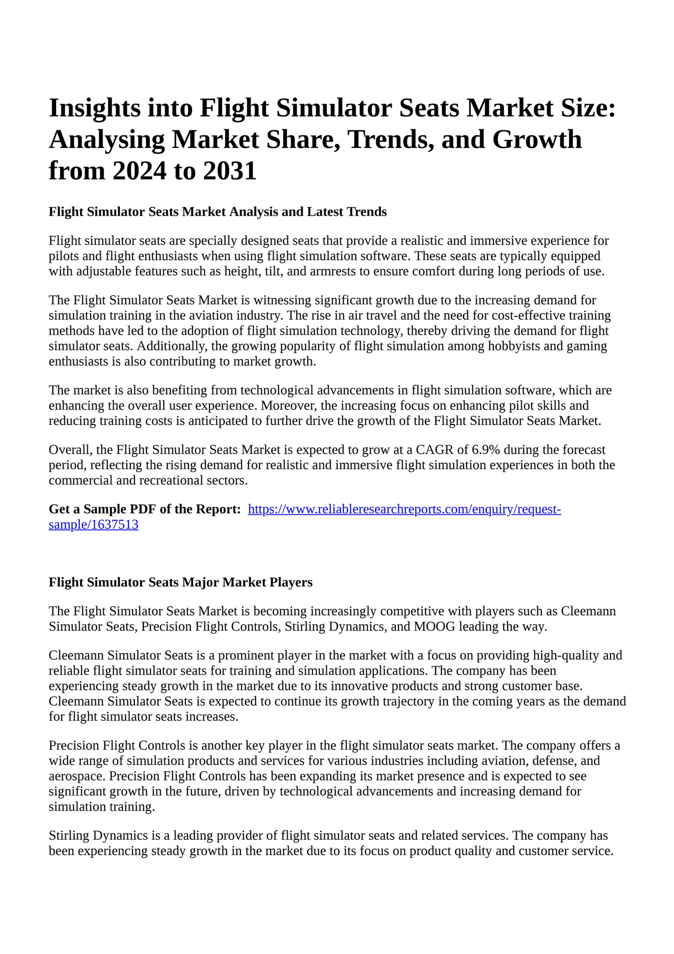 Reportprime Insights Into Flight Simulator Seats Market Size