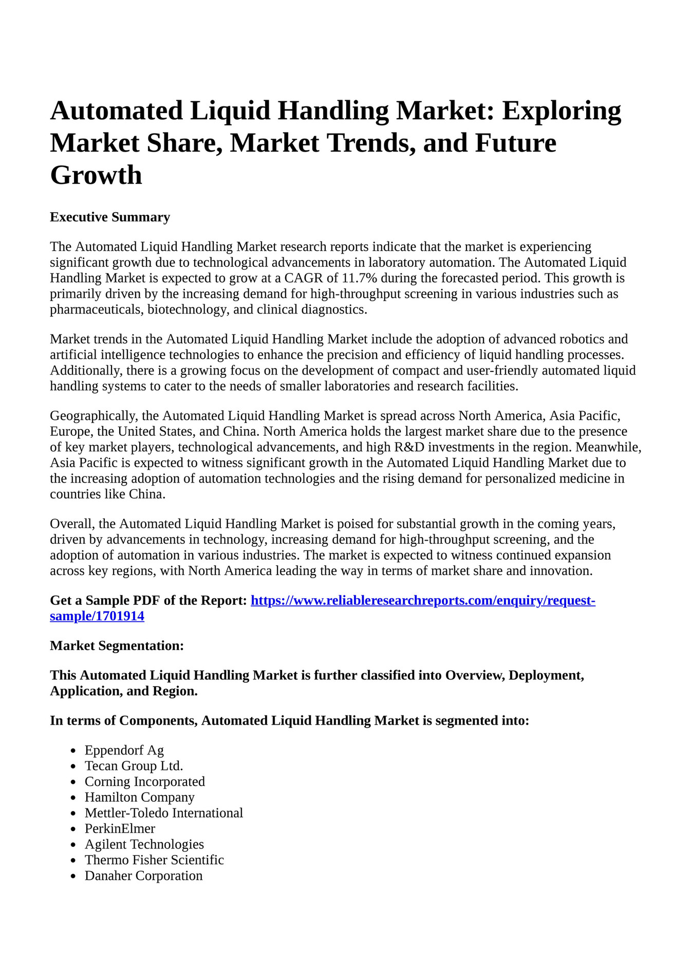 Reportprime Automated Liquid Handling Market Exploring Market Share