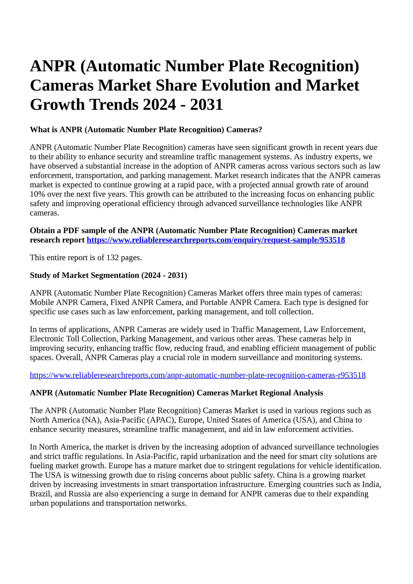 Reportprime ANPR Automatic Number Plate Recognition Cameras Market