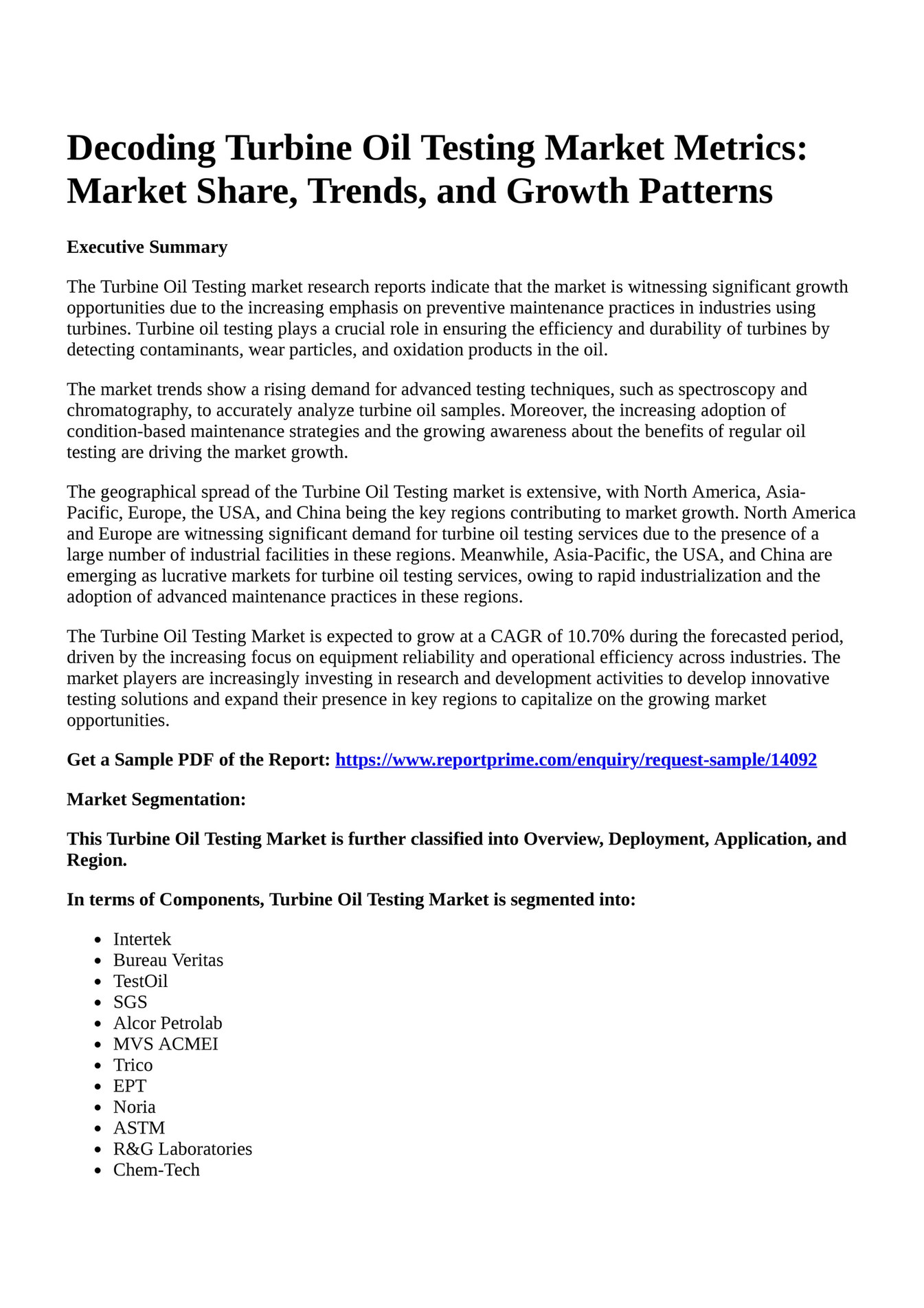 Reportprime Decoding Turbine Oil Testing Market Metrics Market Share