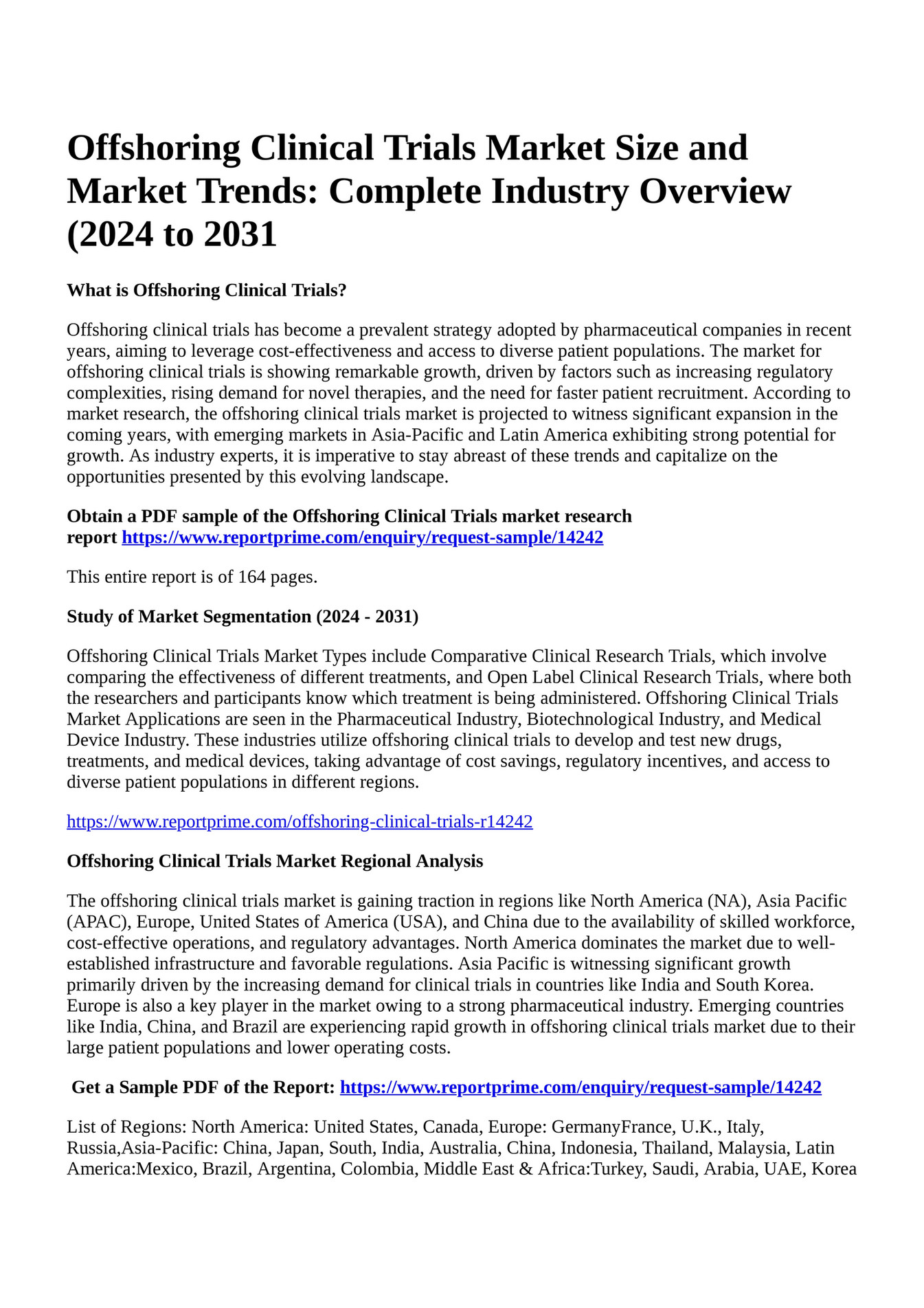 Reportprime Offshoring Clinical Trials Market Size And Market Trends