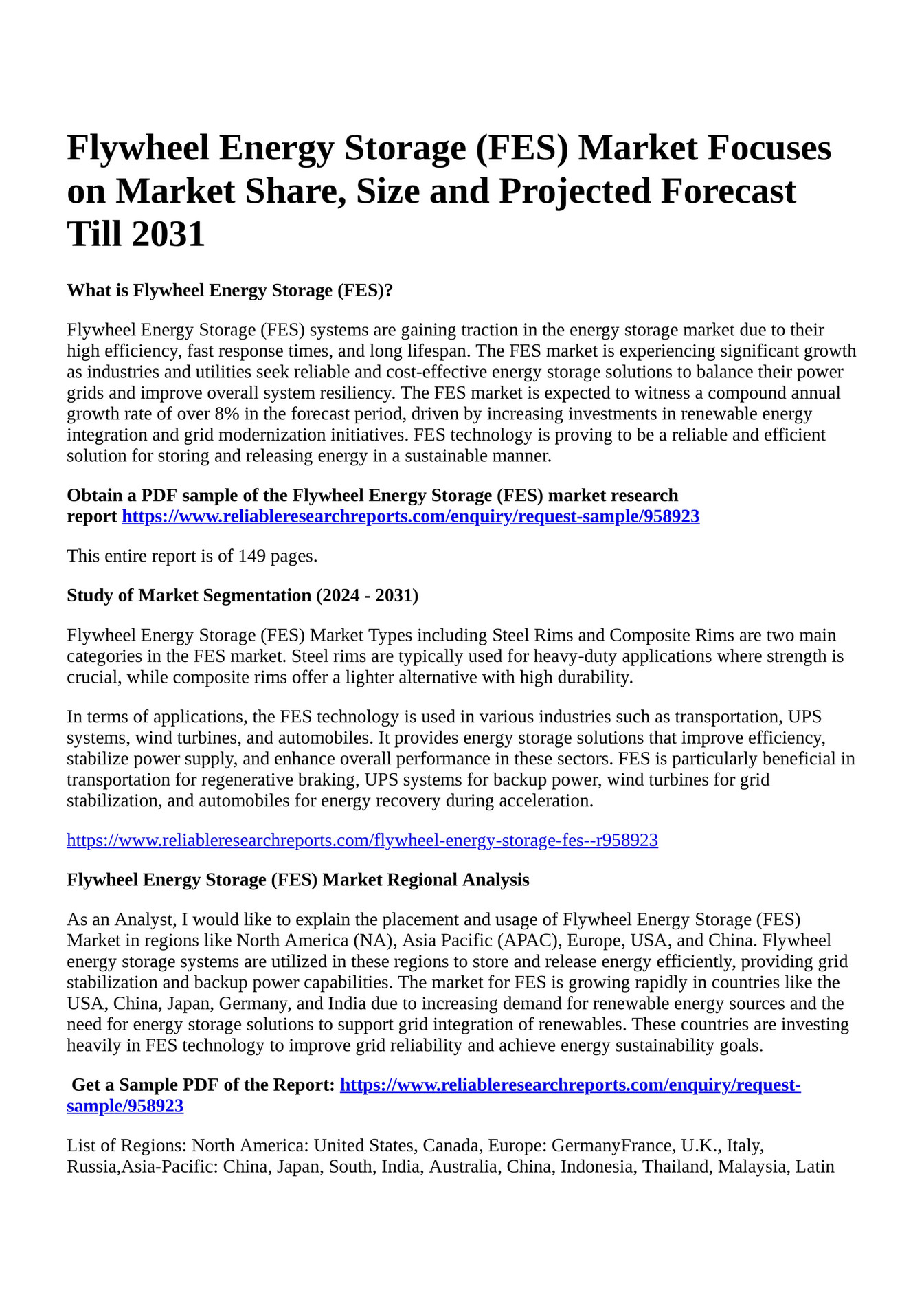 Reportprime Flywheel Energy Storage Fes Market Focuses On Market