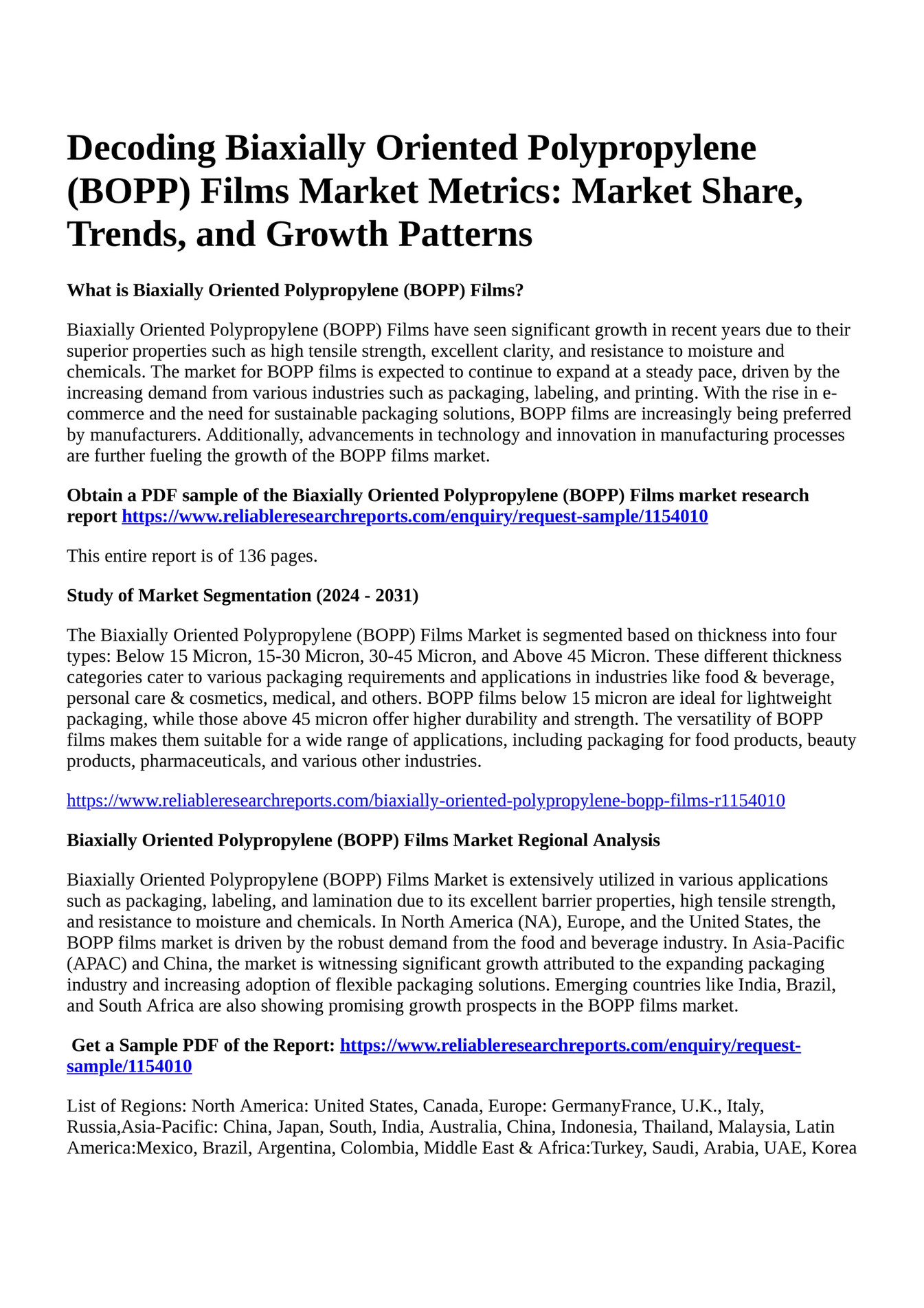 Reportprime Decoding Biaxially Oriented Polypropylene BOPP Films