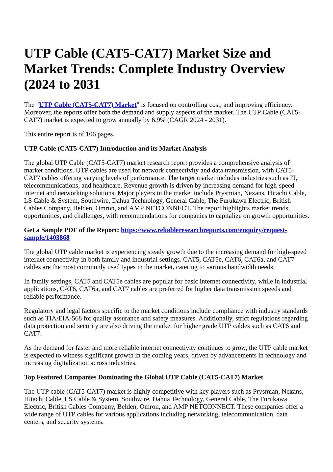 Reportprime UTP Cable CAT5 CAT7 Market Size And Market Trends