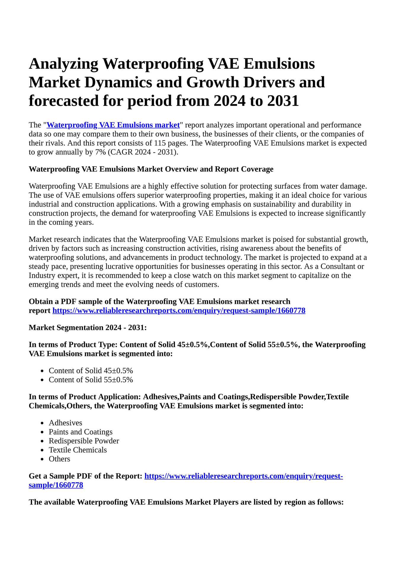 Reportprime Analyzing Waterproofing VAE Emulsions Market Dynamics And