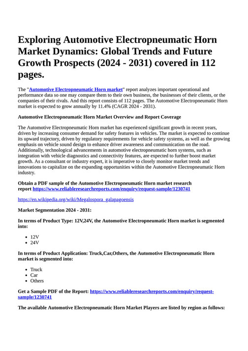 Reportprime Exploring Automotive Electropneumatic Horn Market