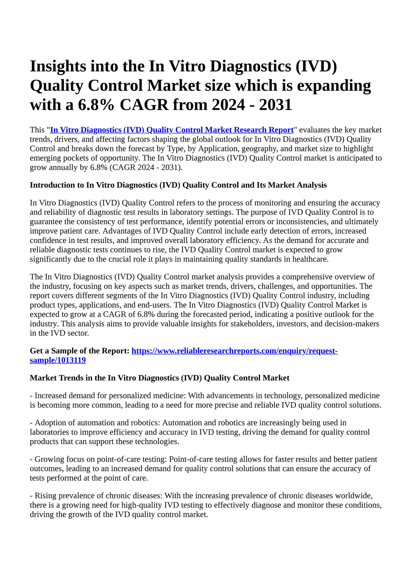 Reportprime Insights Into The In Vitro Diagnostics IVD Quality