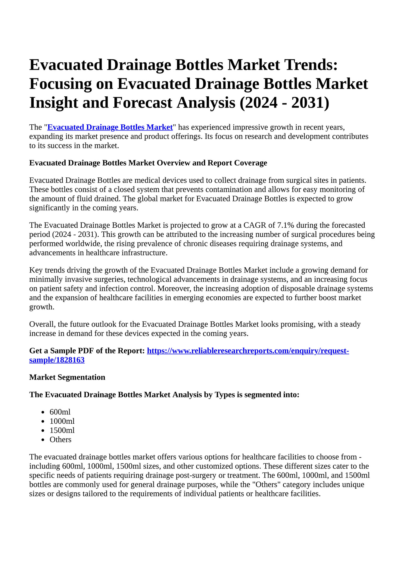 Reportprime Evacuated Drainage Bottles Market Trends Focusing On